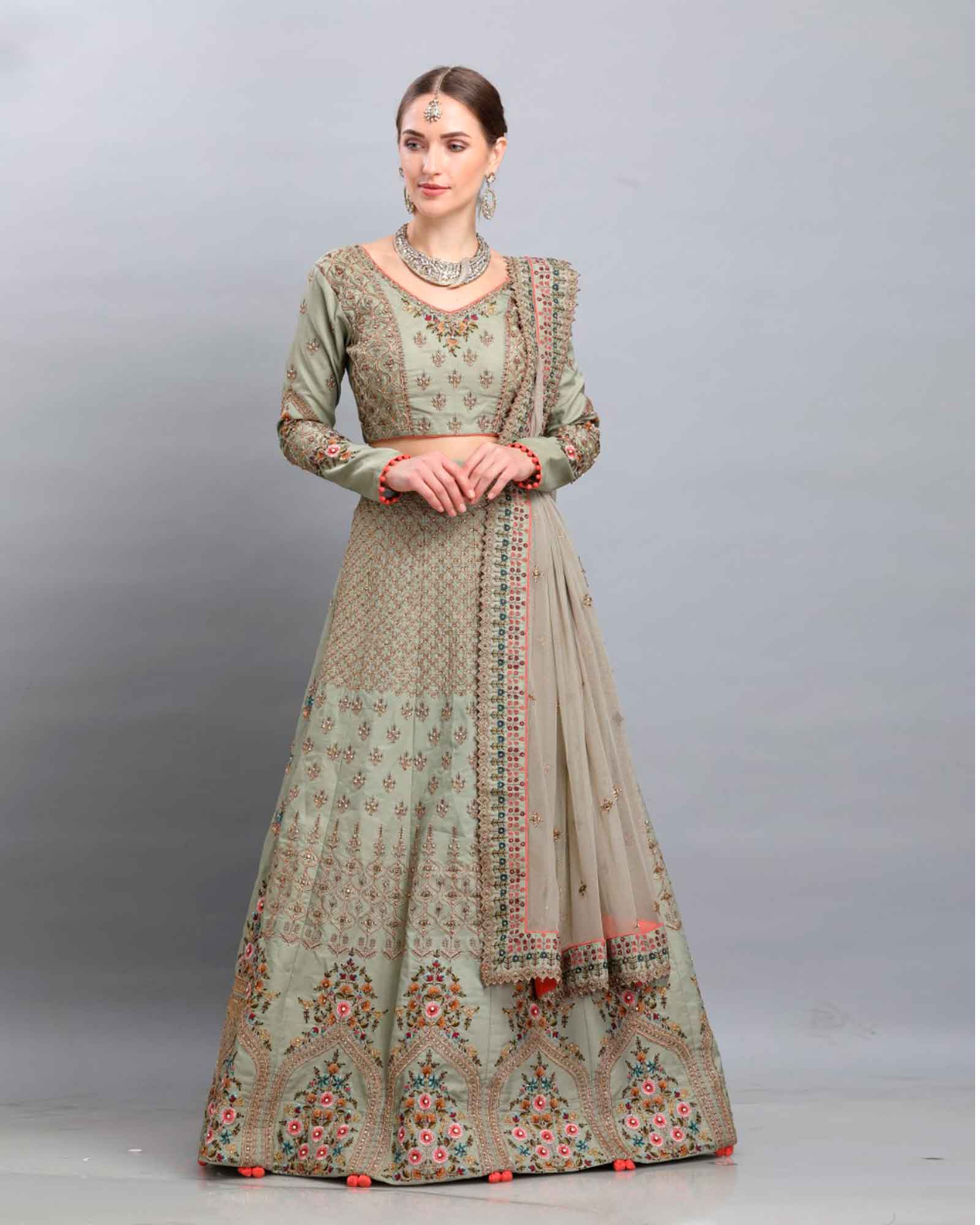 Dusty Green Zari Embroidered Lehenga Choli
