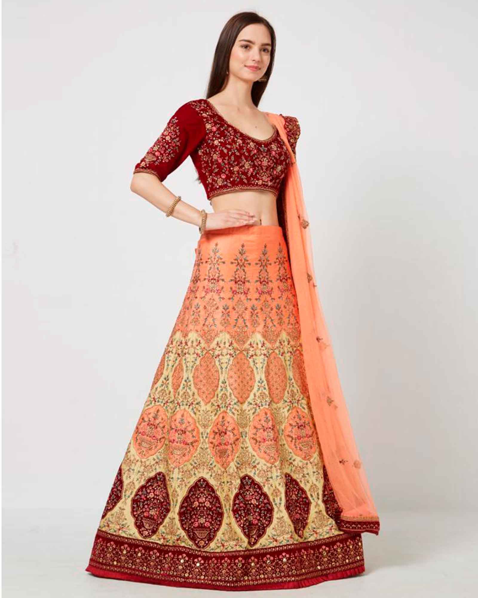 Peach Floral Butta work Lehenga Choli