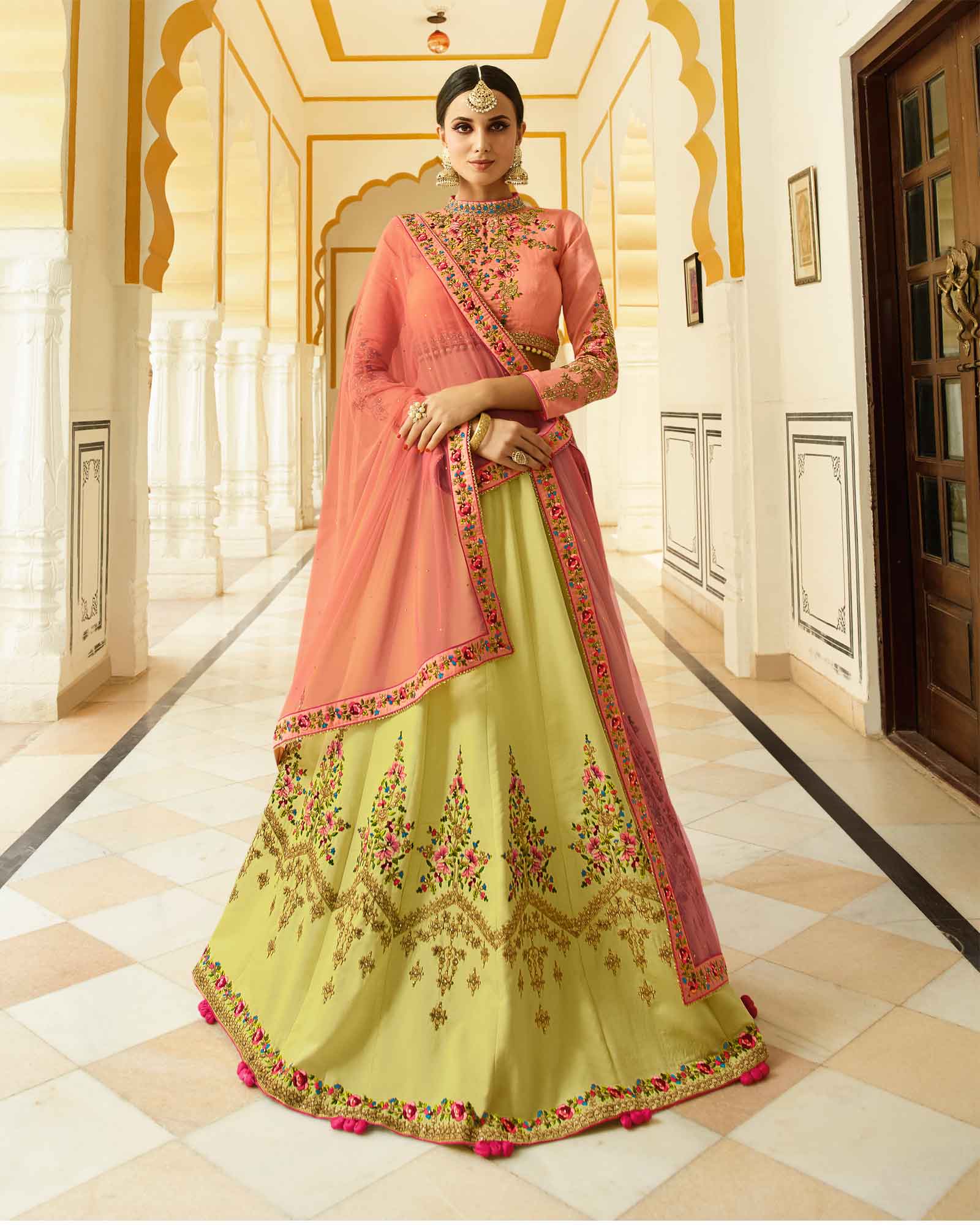 Lemon Yellow And Peach Heavy Zari Work Lehenga Choli With Dupatta