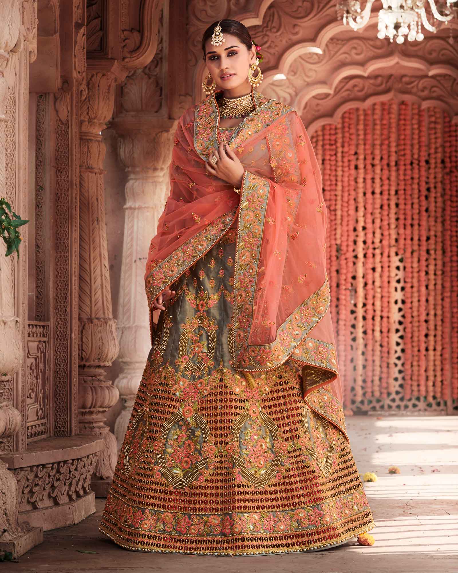 Grey Silk Bridal Lehenga Choli With Heavy Thread Embroidery And Stone Work