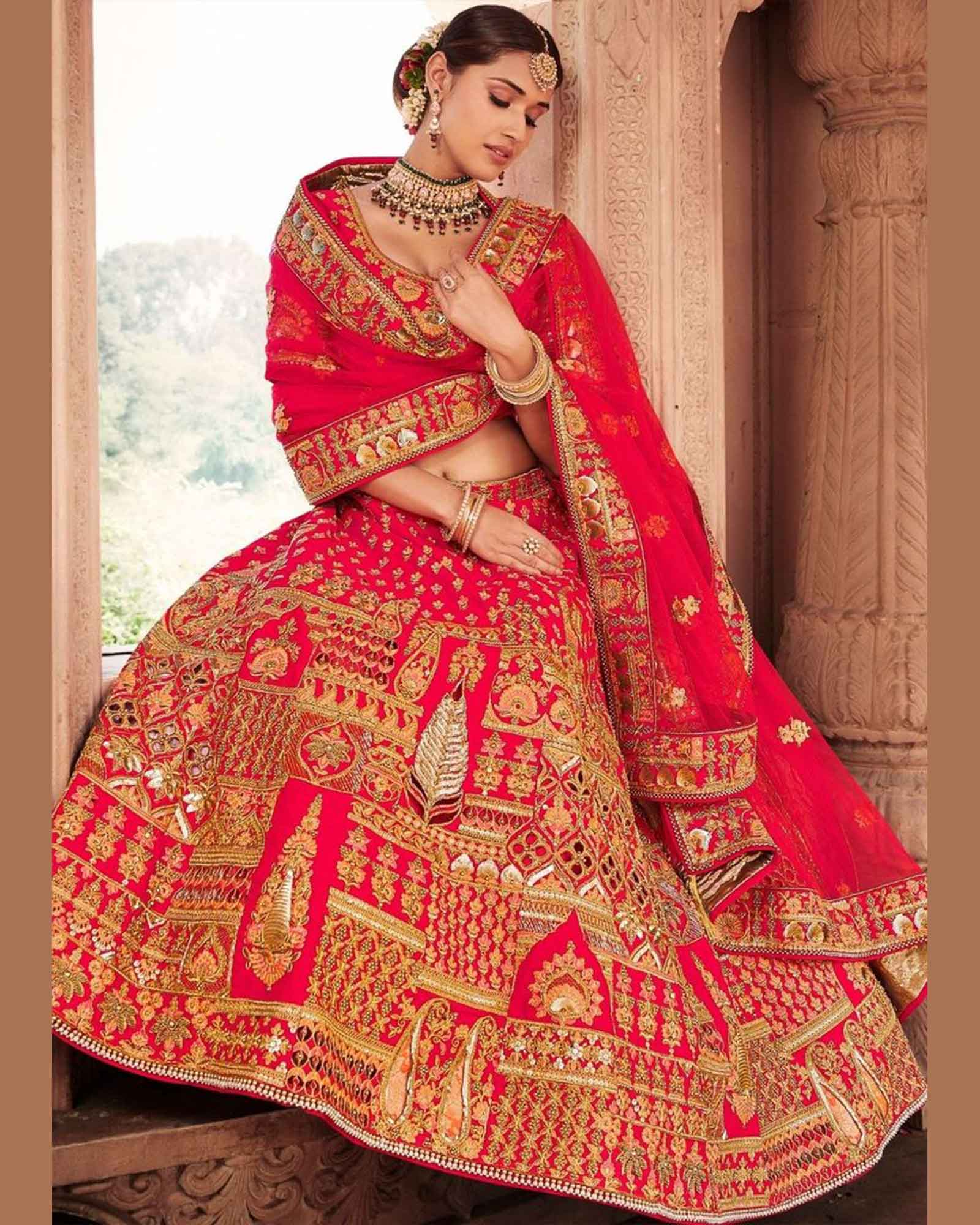 Ruby Pink Silk Bridal Lehenga Choli With Heavy Thread Embroidery And Stone Work