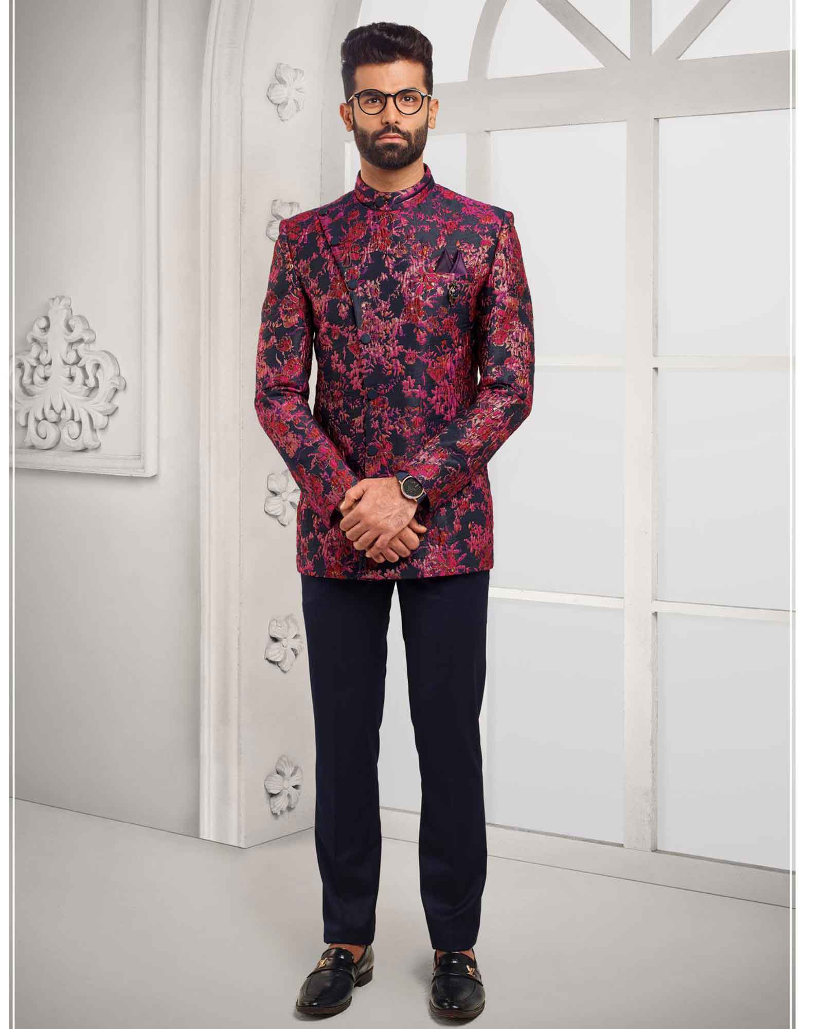 Maroon and Blue Floral Print Jodhpuri Suit - 4793/3