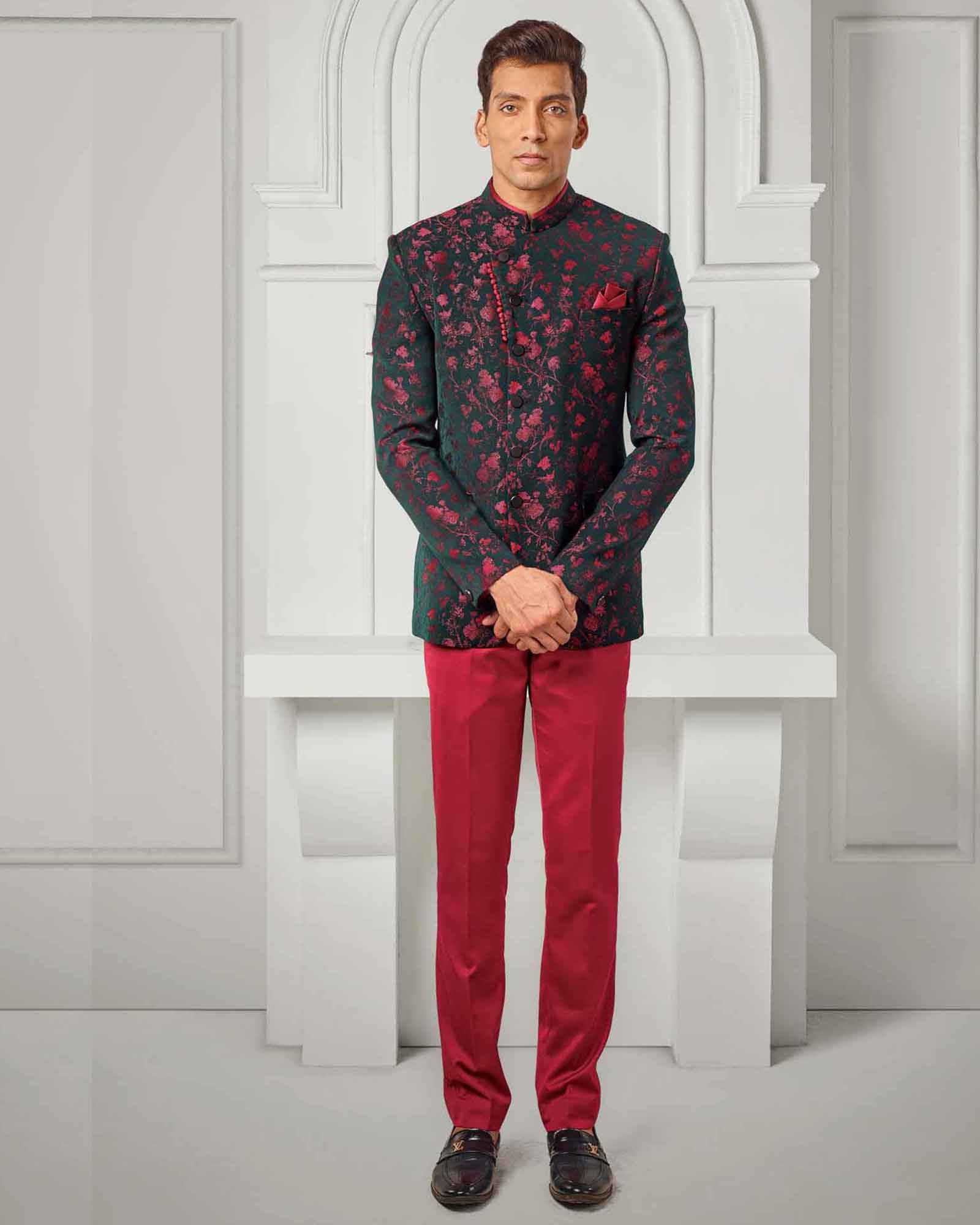 Maroon  Floral Print Italian Jodhpuri Suit - 9140/6