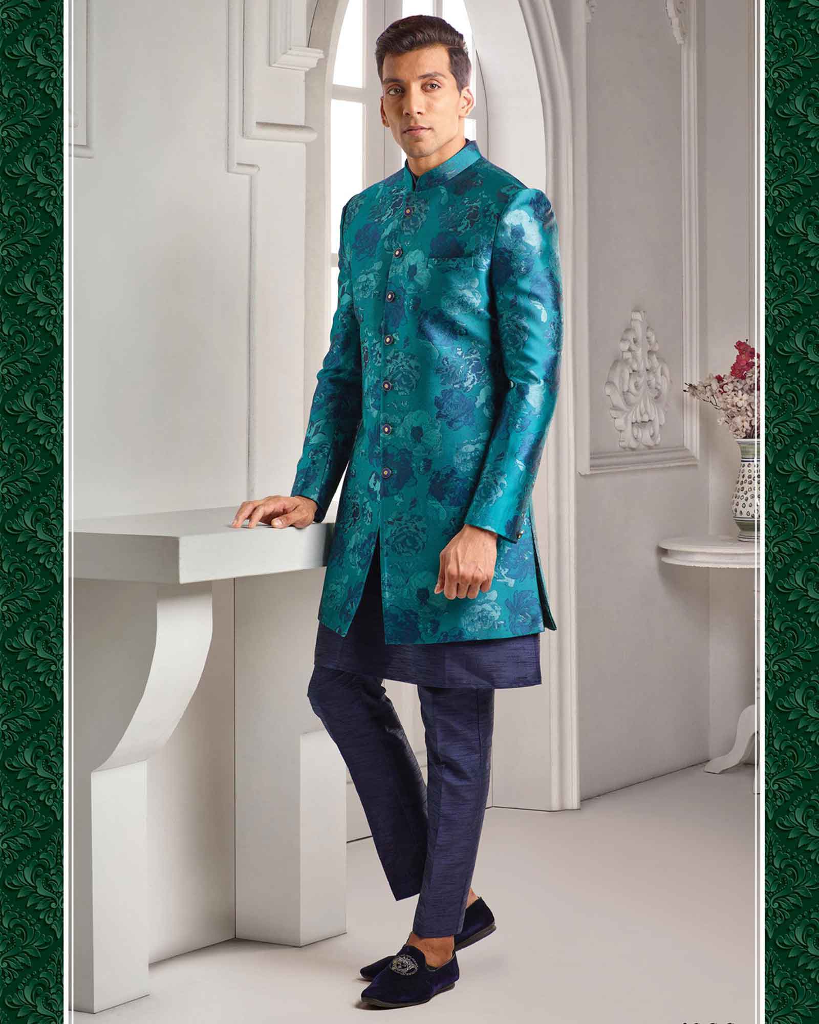 Blue Floral Print Silk Indowestern Set - 4800