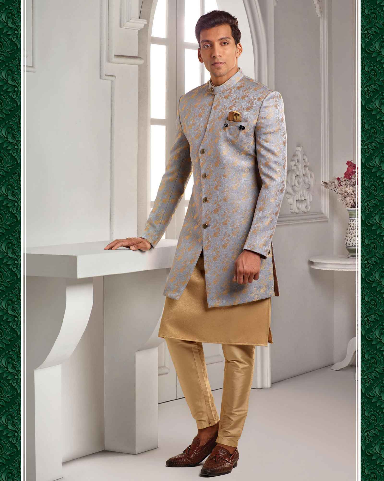 Ash Grey Zari Woven Italian Silk Indowestern Set - 9137/4