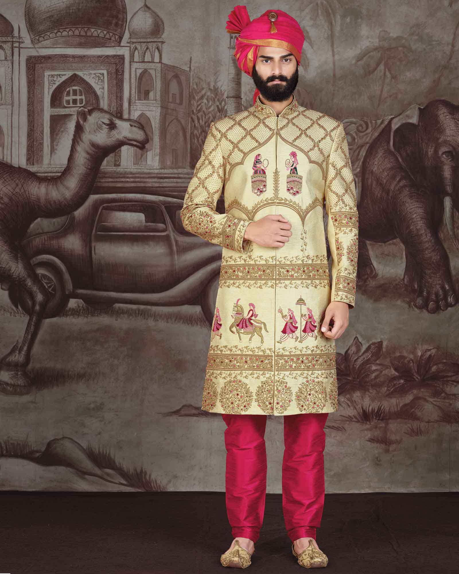 Cream Dulha Dulhan Concept Silk Sherwani In Thread Work - ASPZ3693