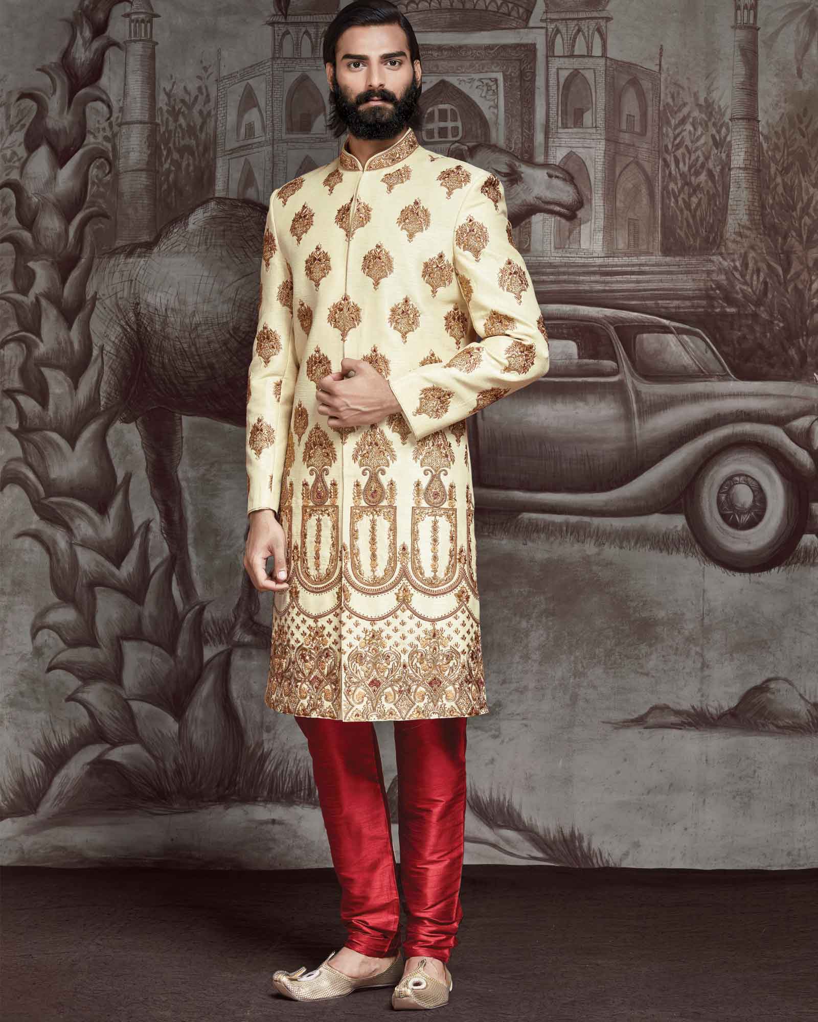 Cream Zari Embroidered Raw Silk Sherwani - ASPZ3702