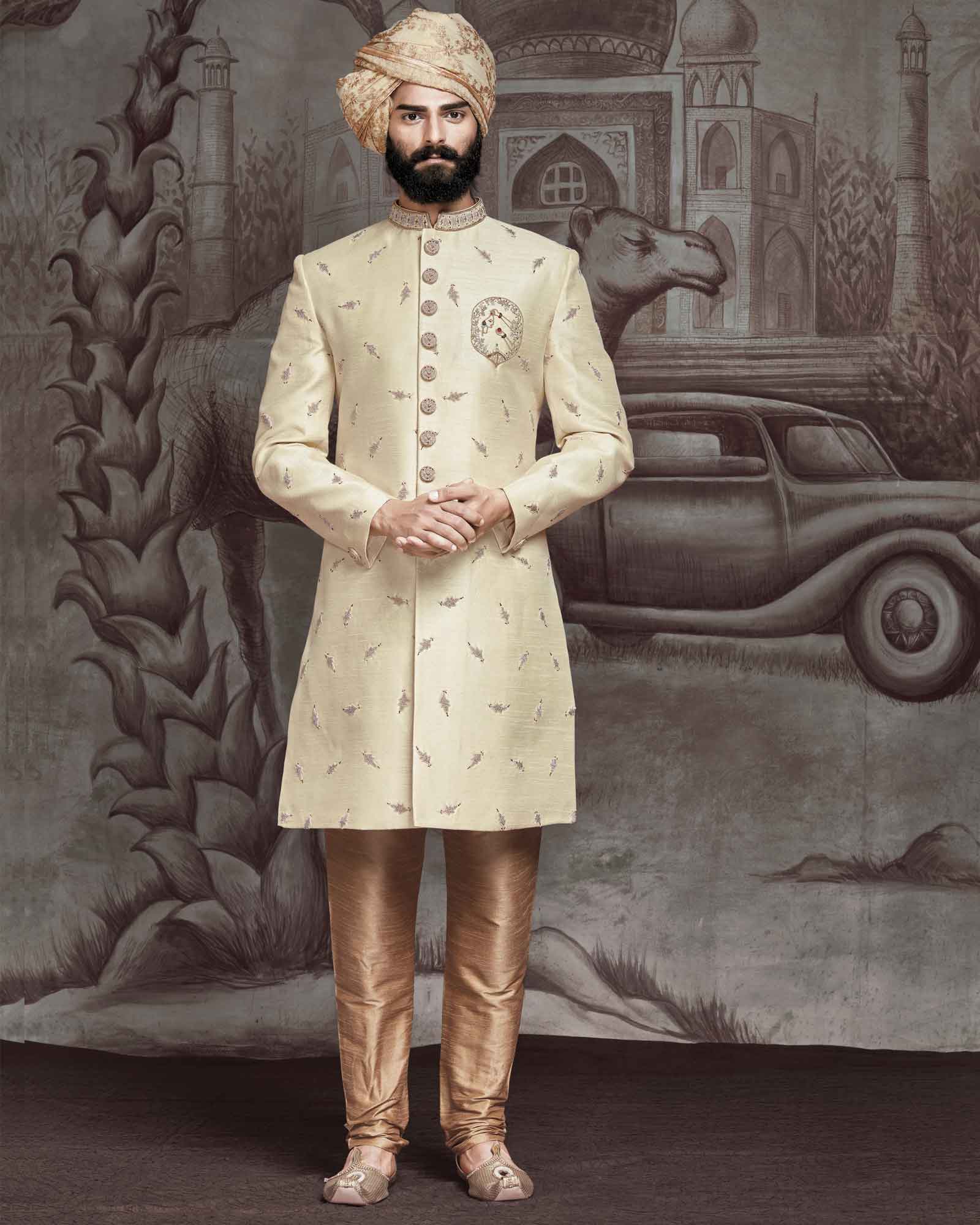 Cream Bead Work Raw Silk Sherwani - ASPZ3787
