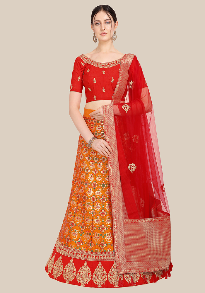 Yellow Banarasi Semi Stitched Lehenga & Choli with Dupatta
