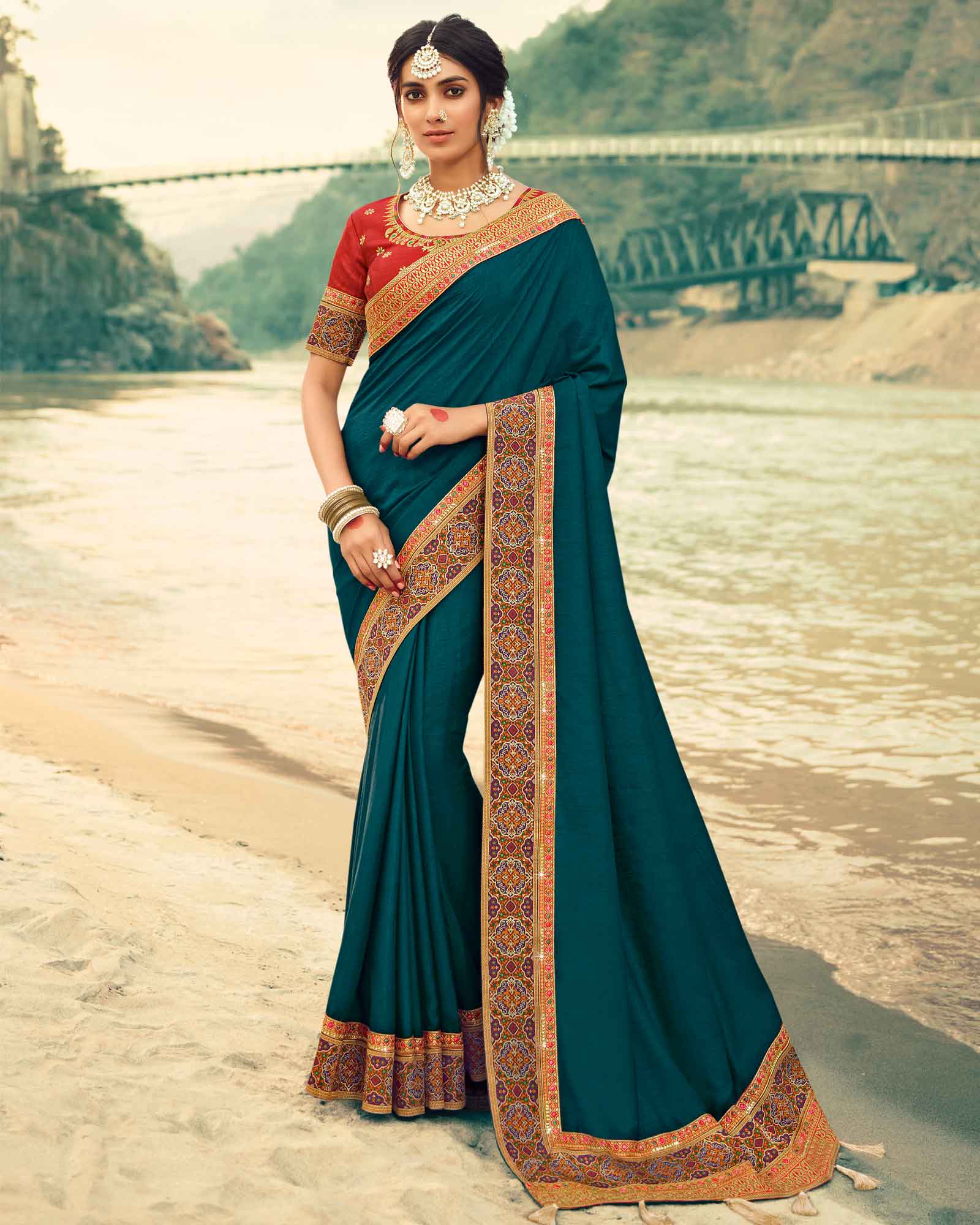 Coblet Blue Vichitra Silk with Jacquard border Saree