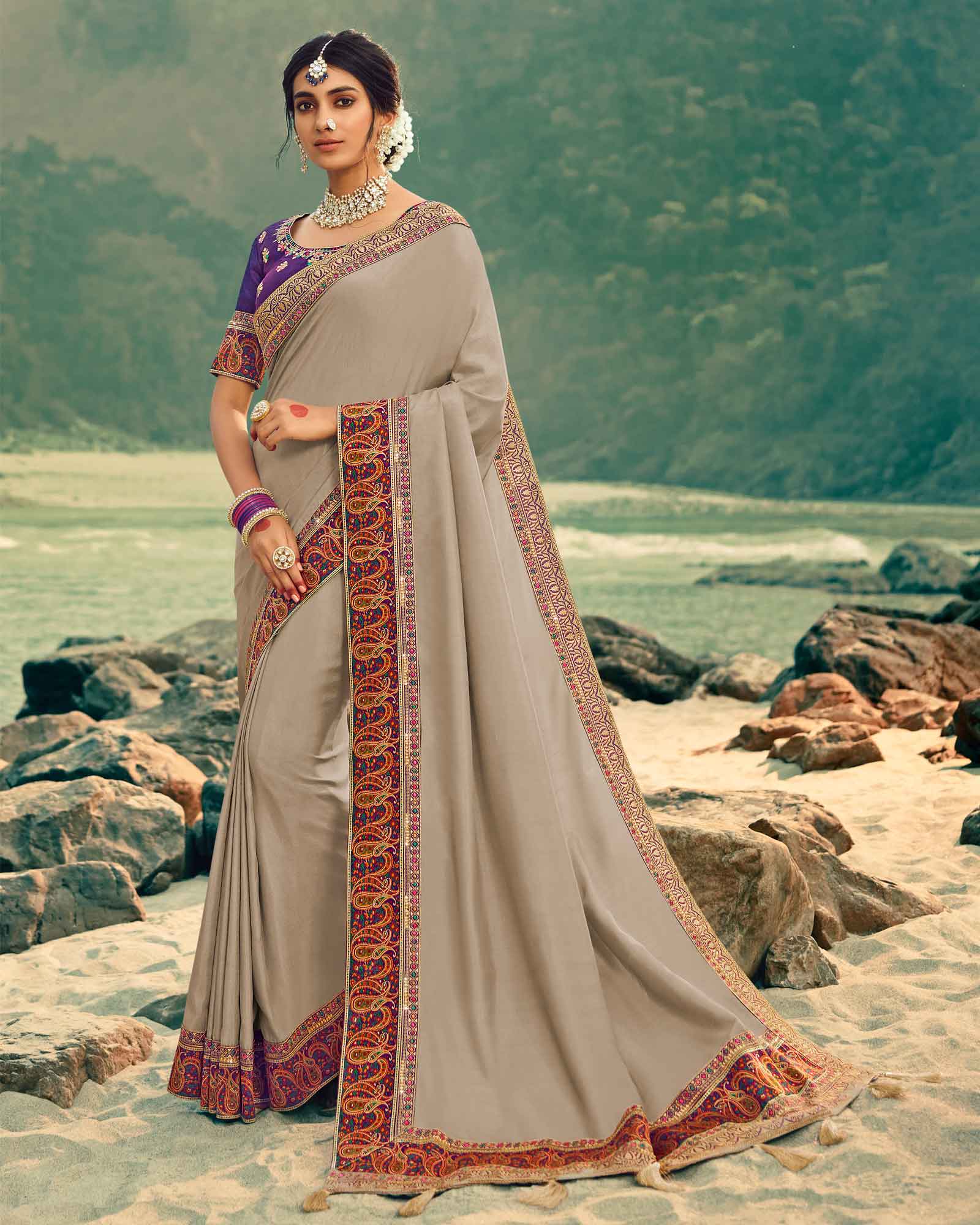 Beige Heavy Border  Multicolour Thread Work Silk Saree