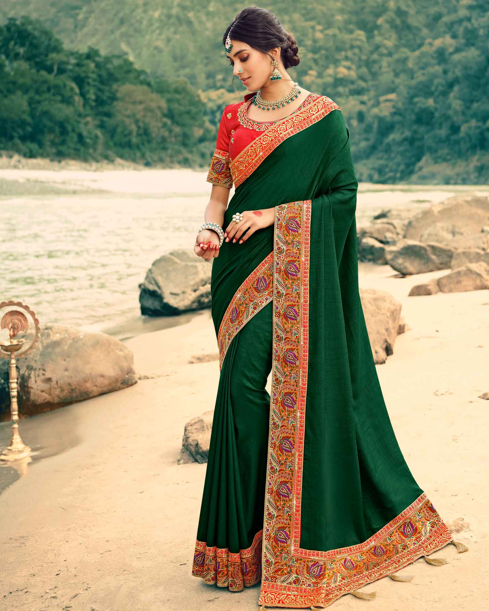 Dark Green Heavy Border Golden Resham Embroidrey Silk Saree