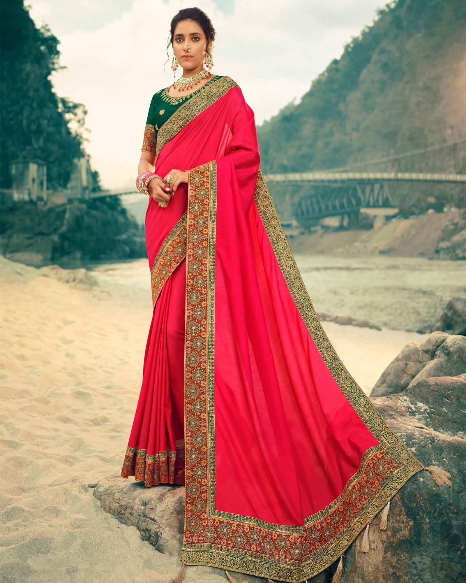 Dark Pink Zari With Stone Work Work Silk Stone Saree
