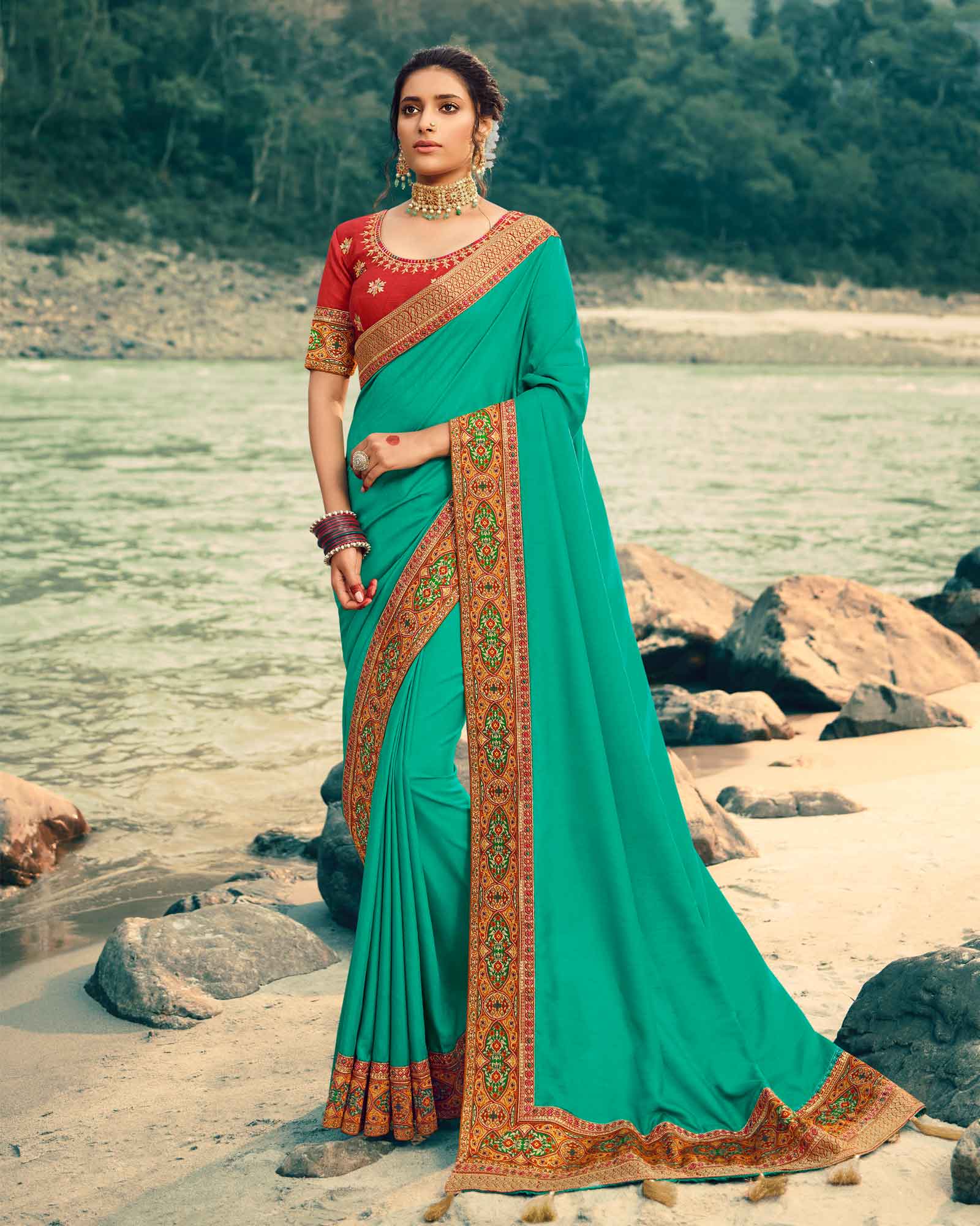 Turquoise MultiColour Thred Work Heavy Border Silk Saree
