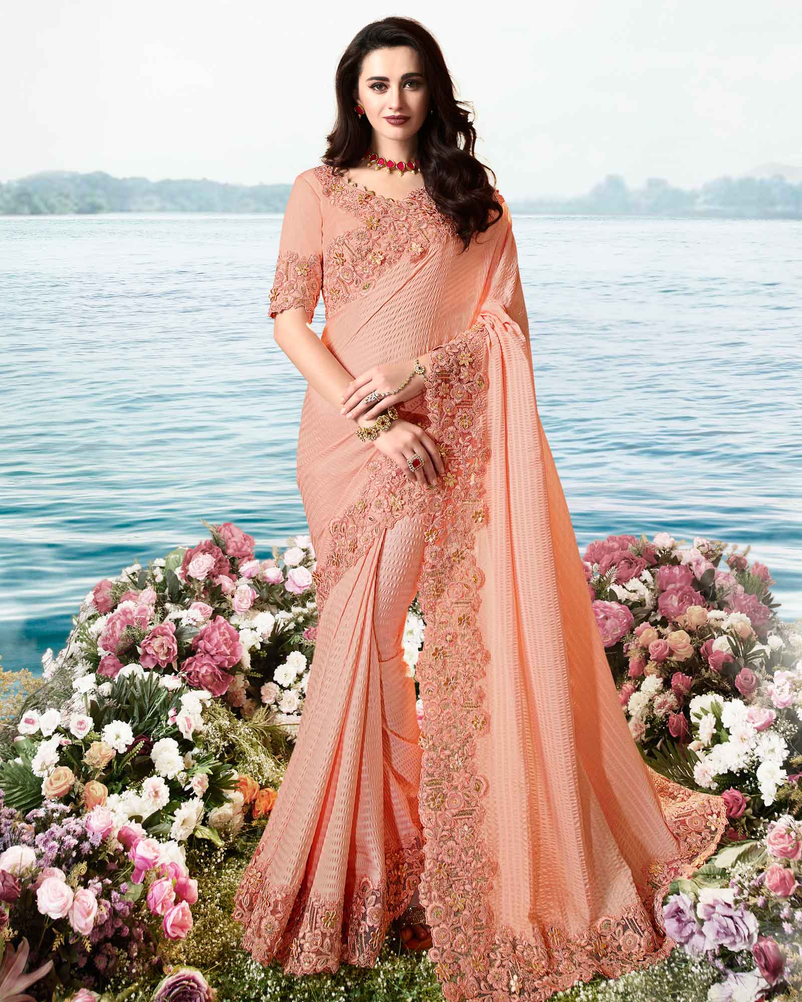 Peach Party Wear Silk Saree