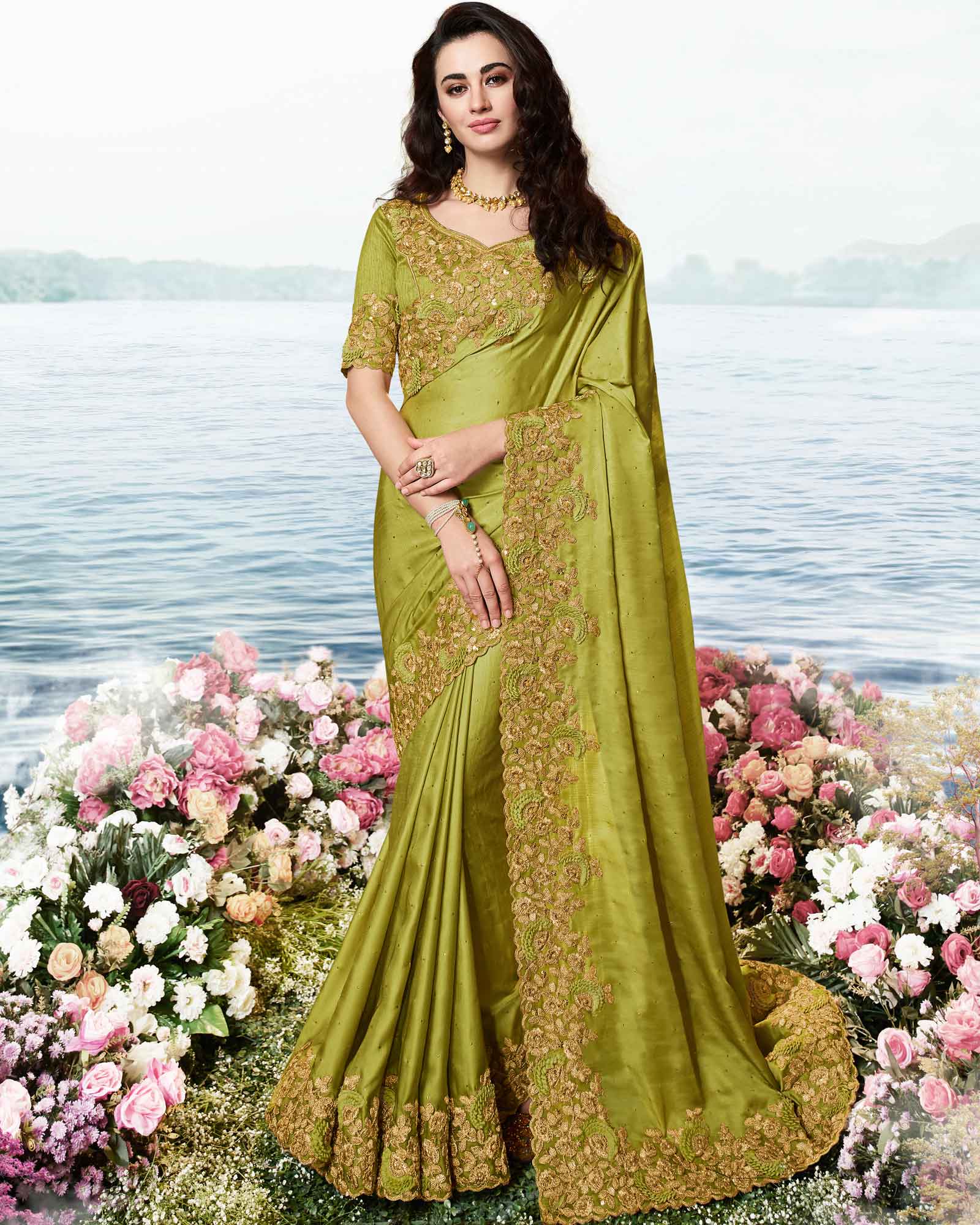 Olive Party Wear Silk Saree