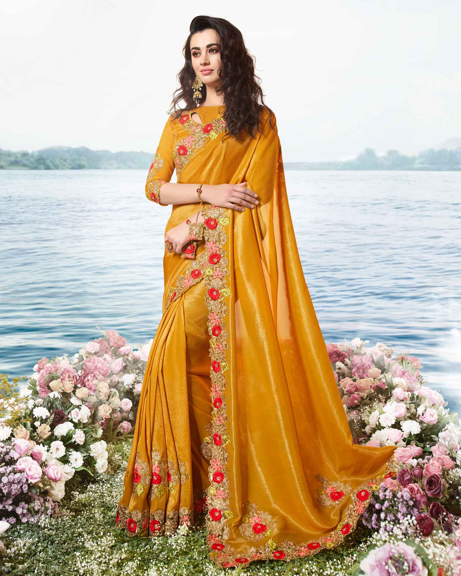 Mustard Party Wear Silk Saree