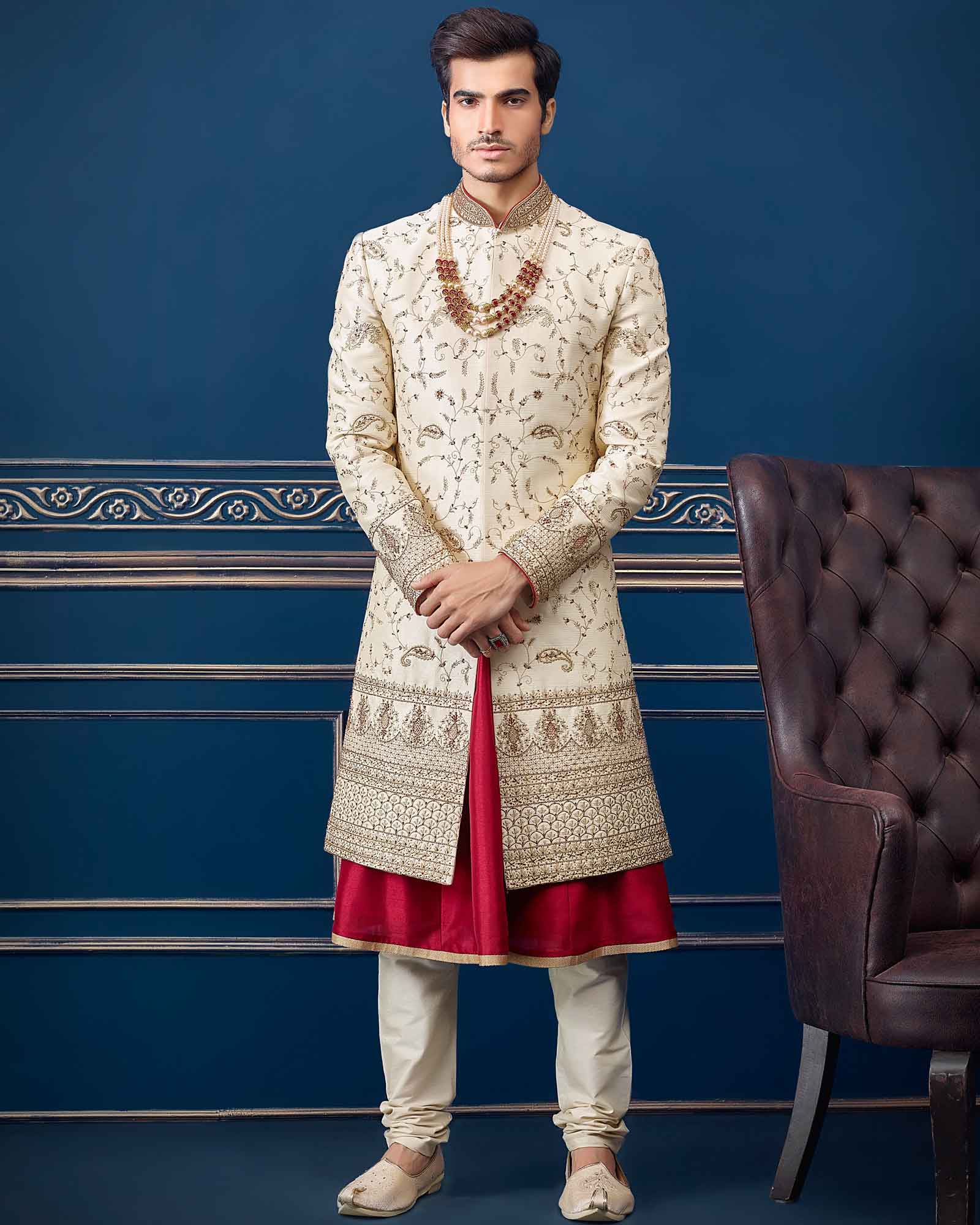 Beige Raw Silk Groom Sherwani - RCS2208