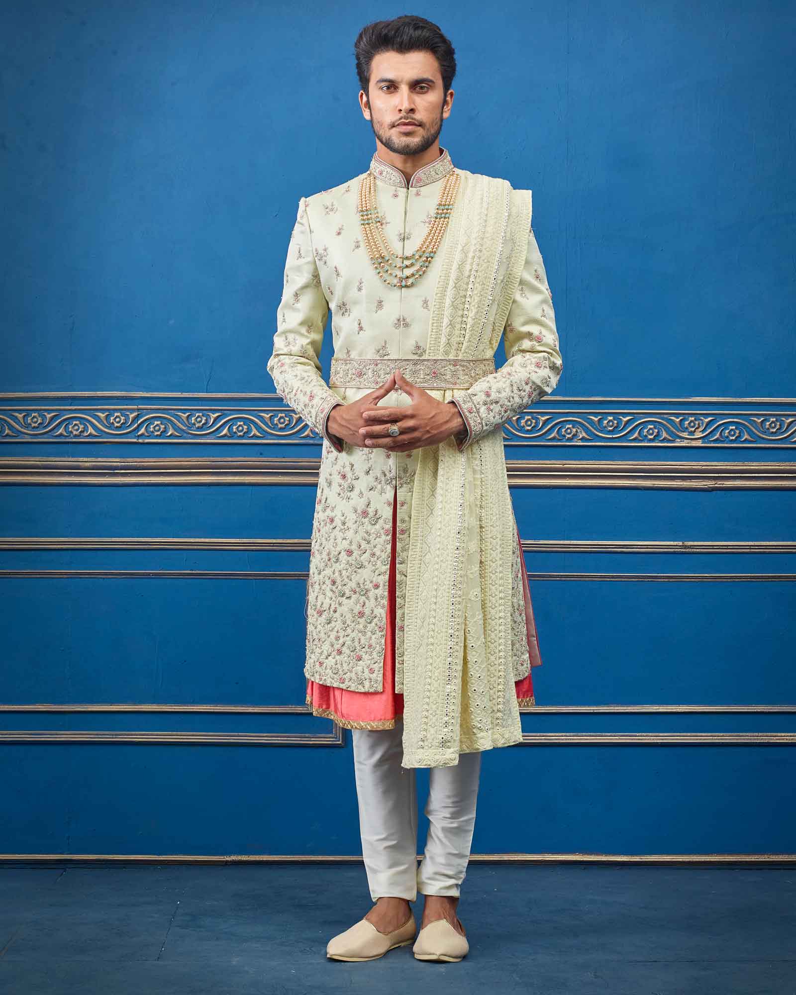 Pista Green Double Layer Silk Sherwani For Groom - RCS2307