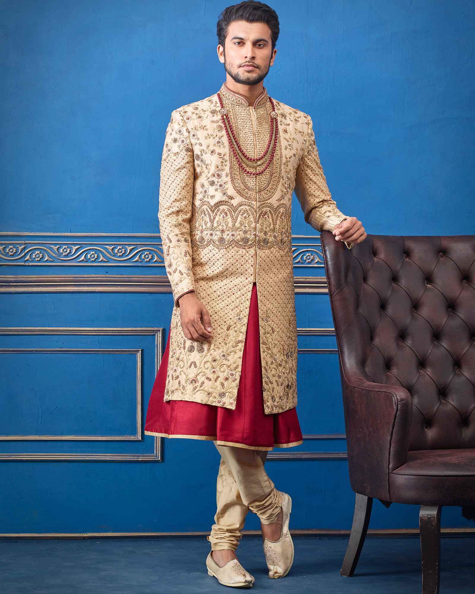 Beige Designer Groom Raw Silk Sherwani
 - RCS2317