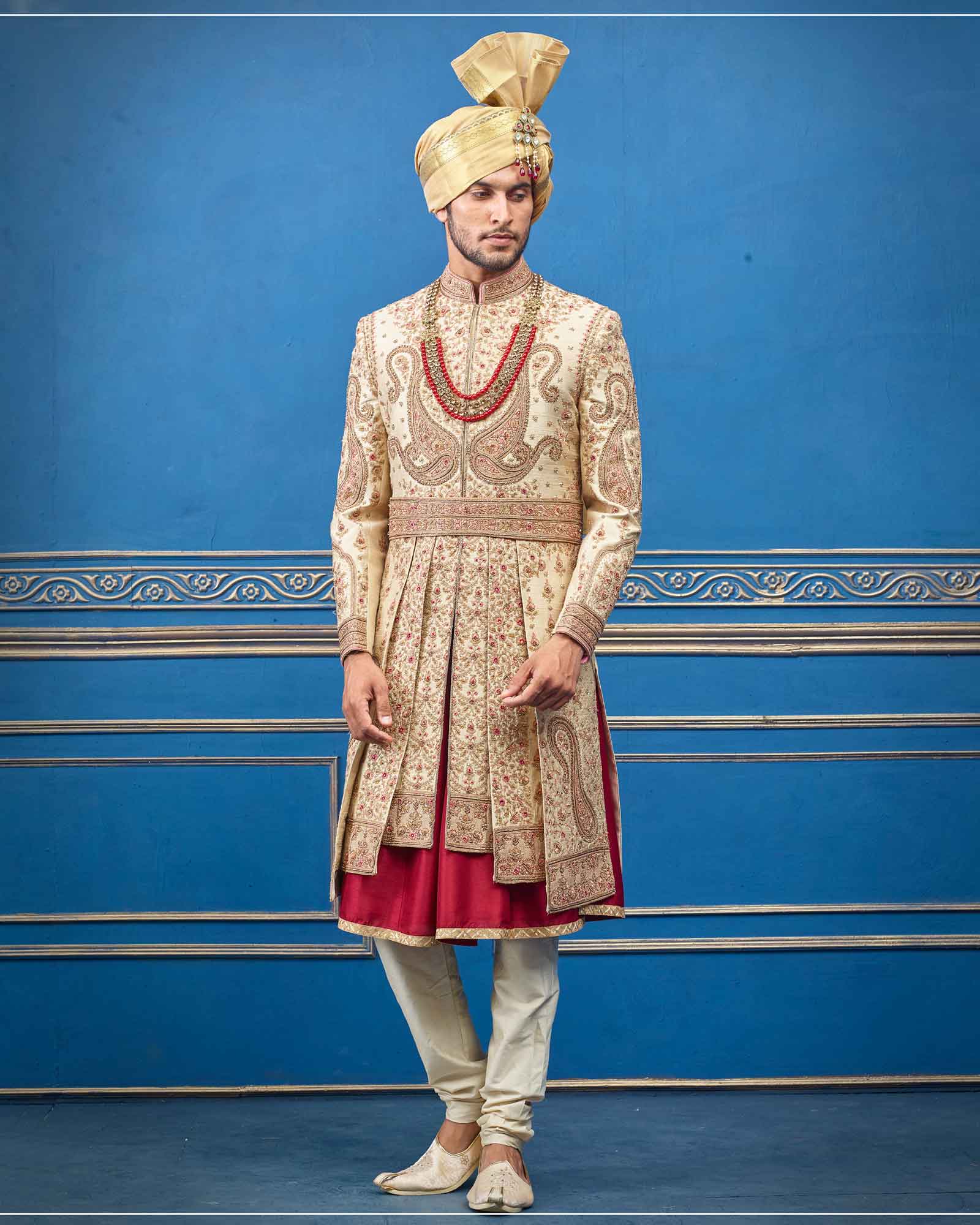 Sherwani In Beige Raw Silk For Groom - RCS2337