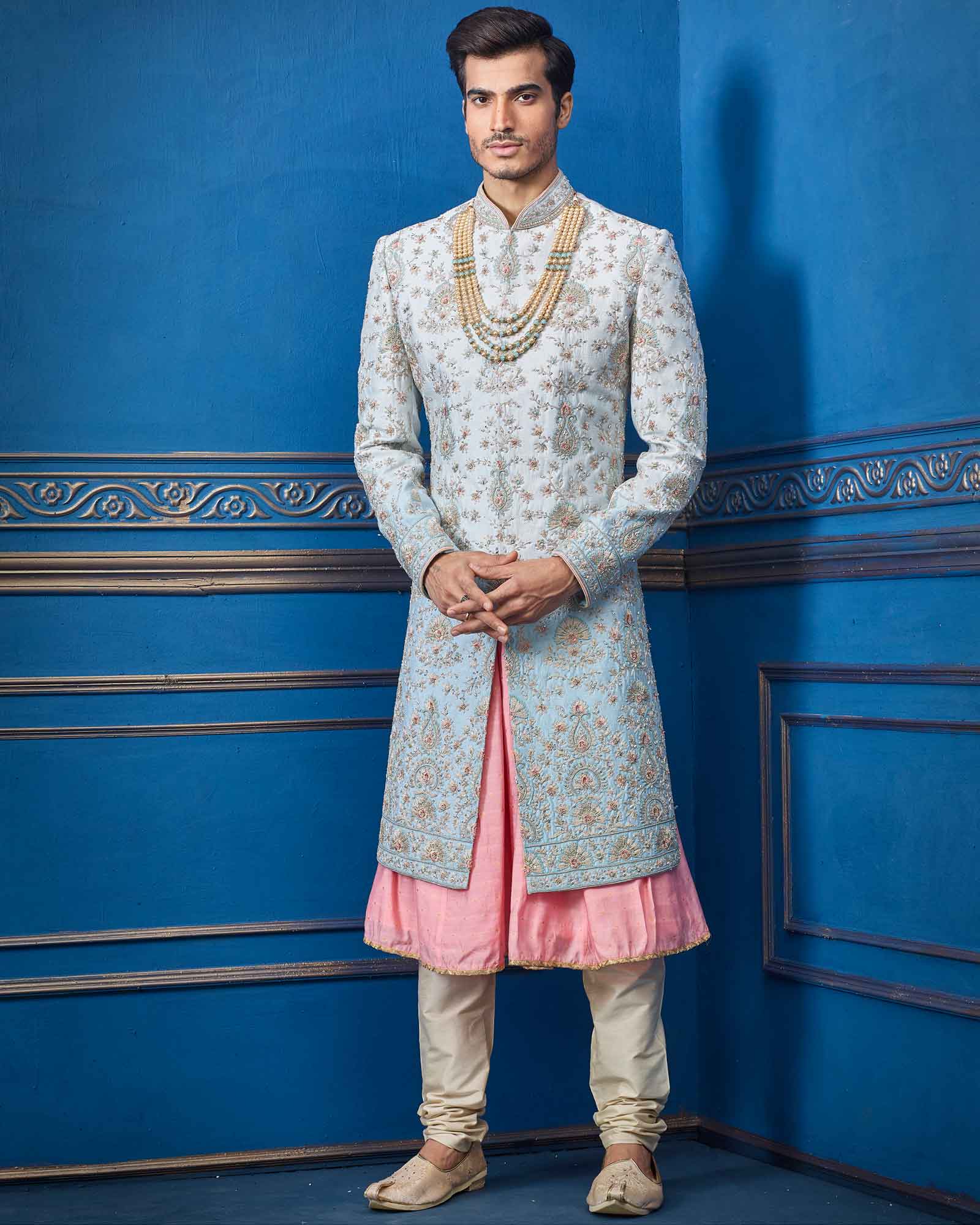 Sky Blue And Pink Designer Double Layer Sherwani - RCS2338