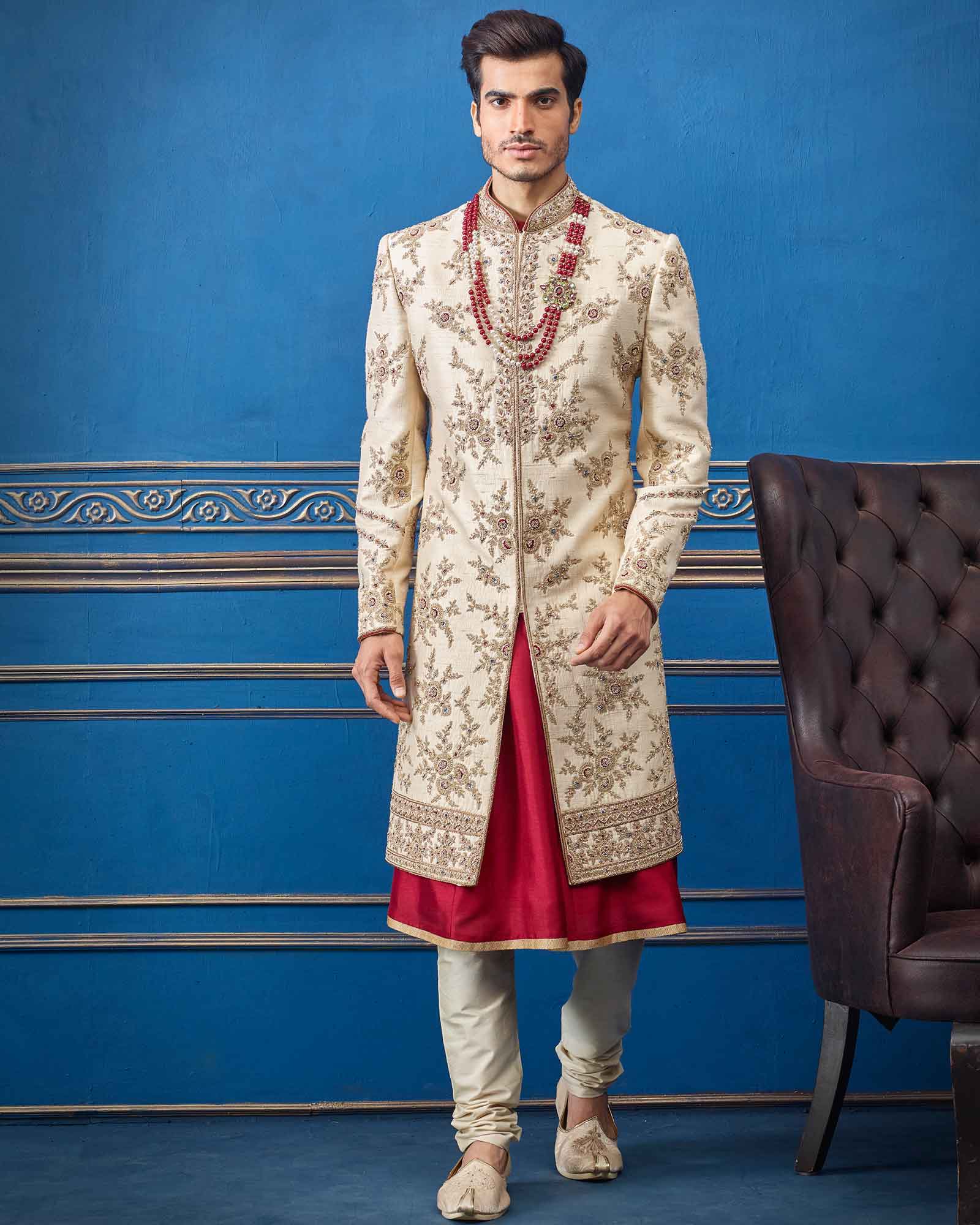 Cream Maroon Colour Combination Silk Sherwani - RCS2339
