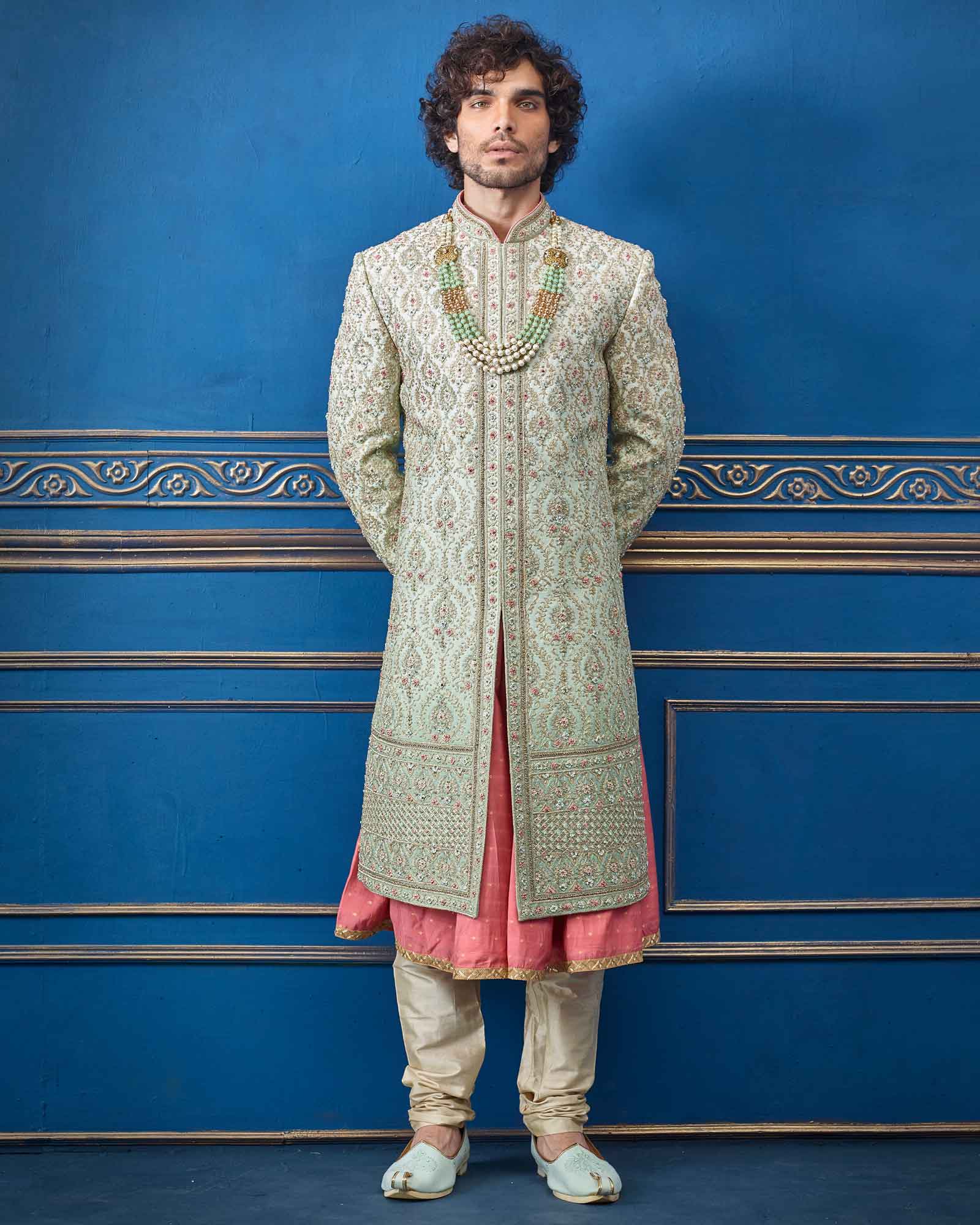 Pista Green Pink Silk Groom Wear Sherwani - RCS2352