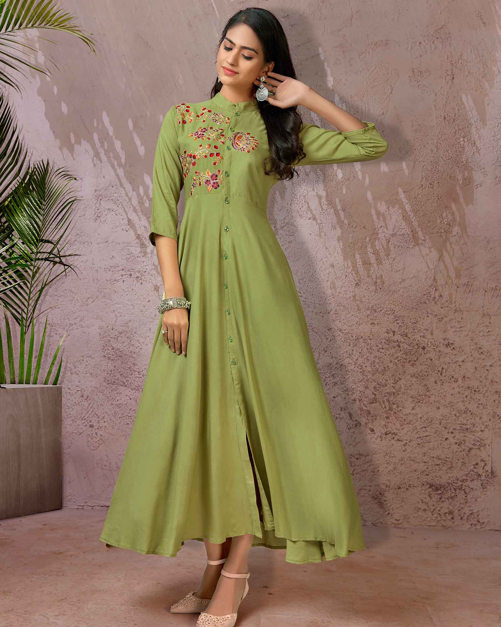 Green Floral Thread Work Long Kurti