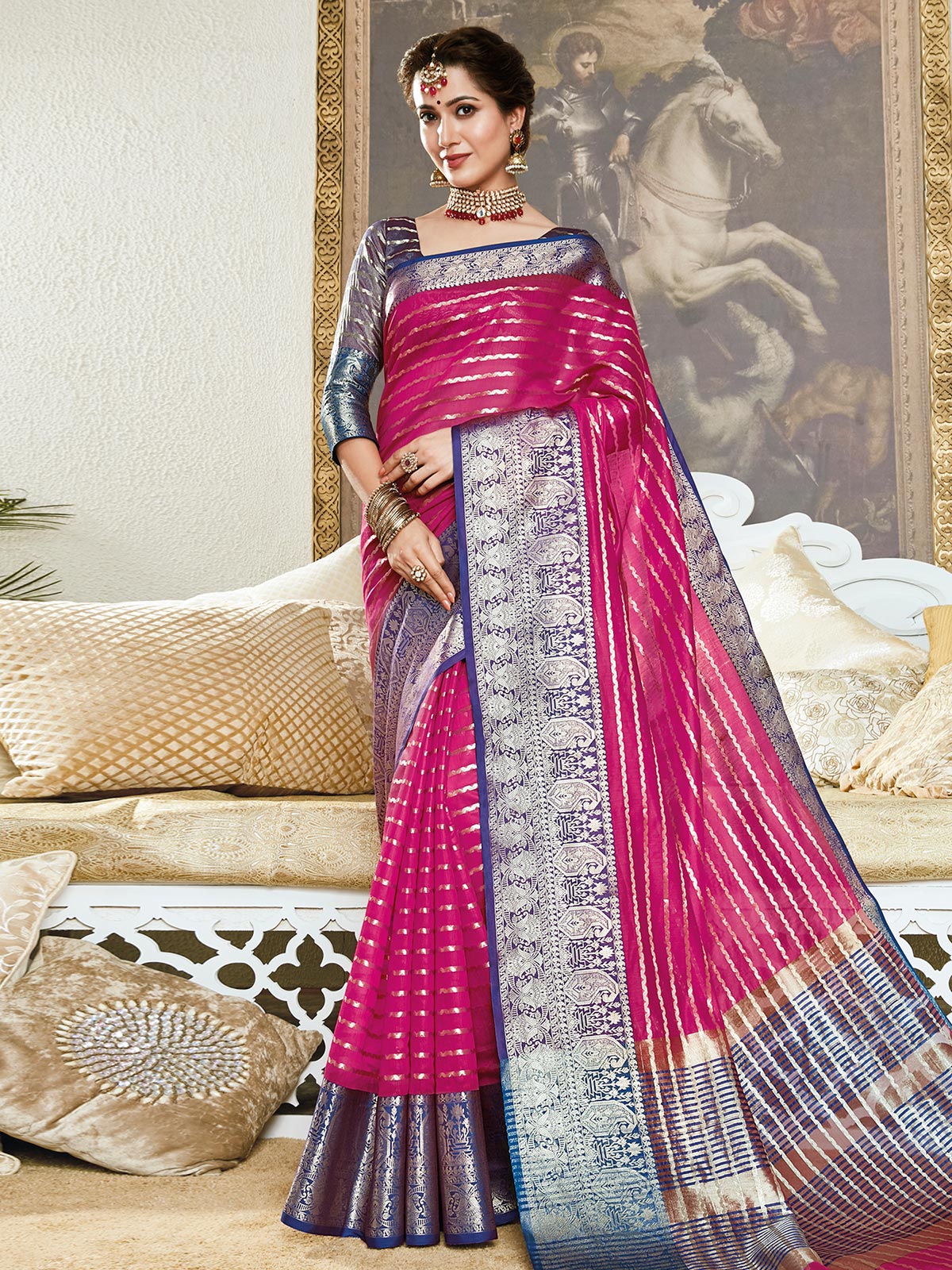 Magenta Striped Banarasi Silk Jacquard Saree