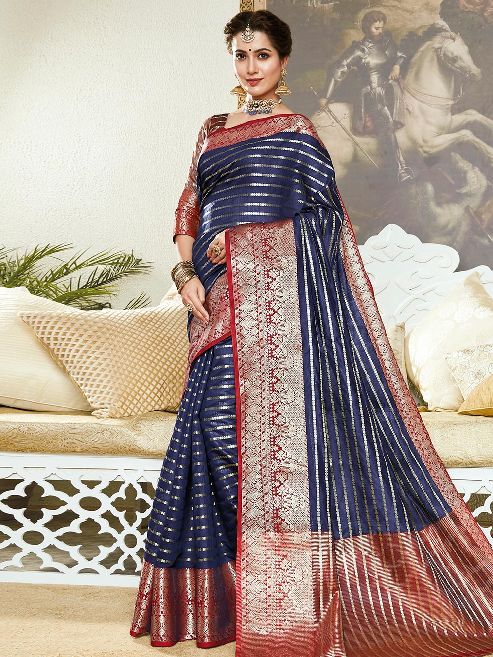 Navy Blue Striped  Banarasi Silk Jacquard Saree
