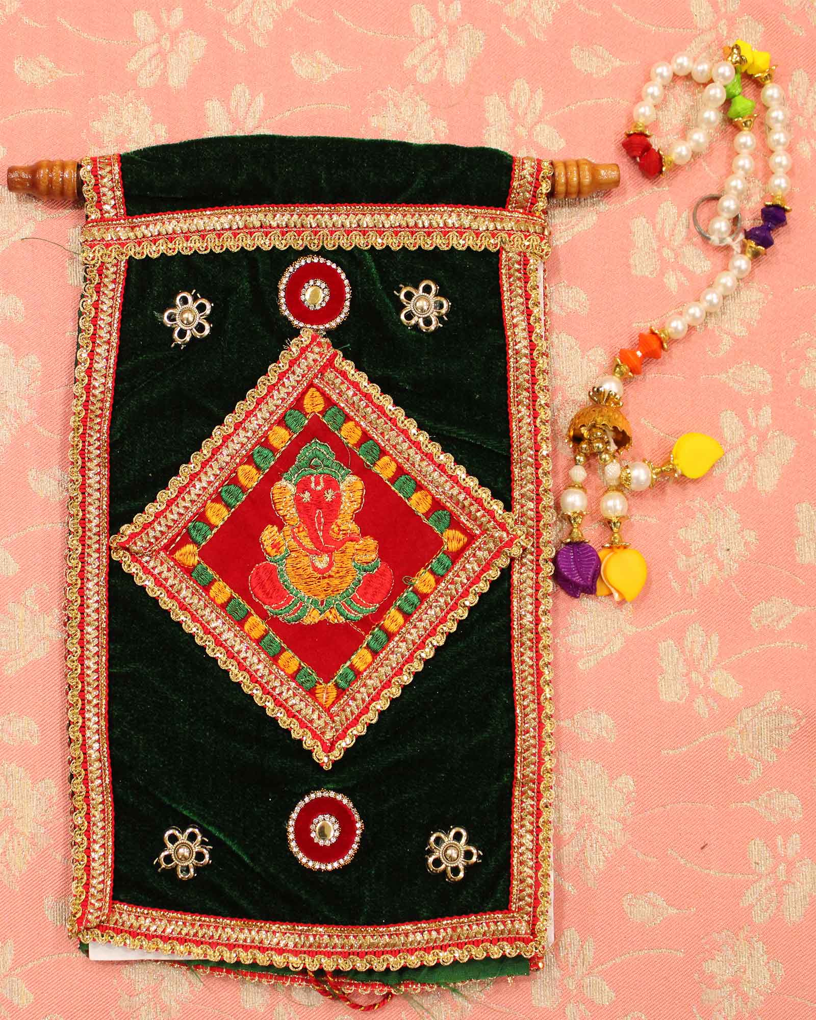 Dark Green Scroll Velvet Embroidered Lagna Patrika