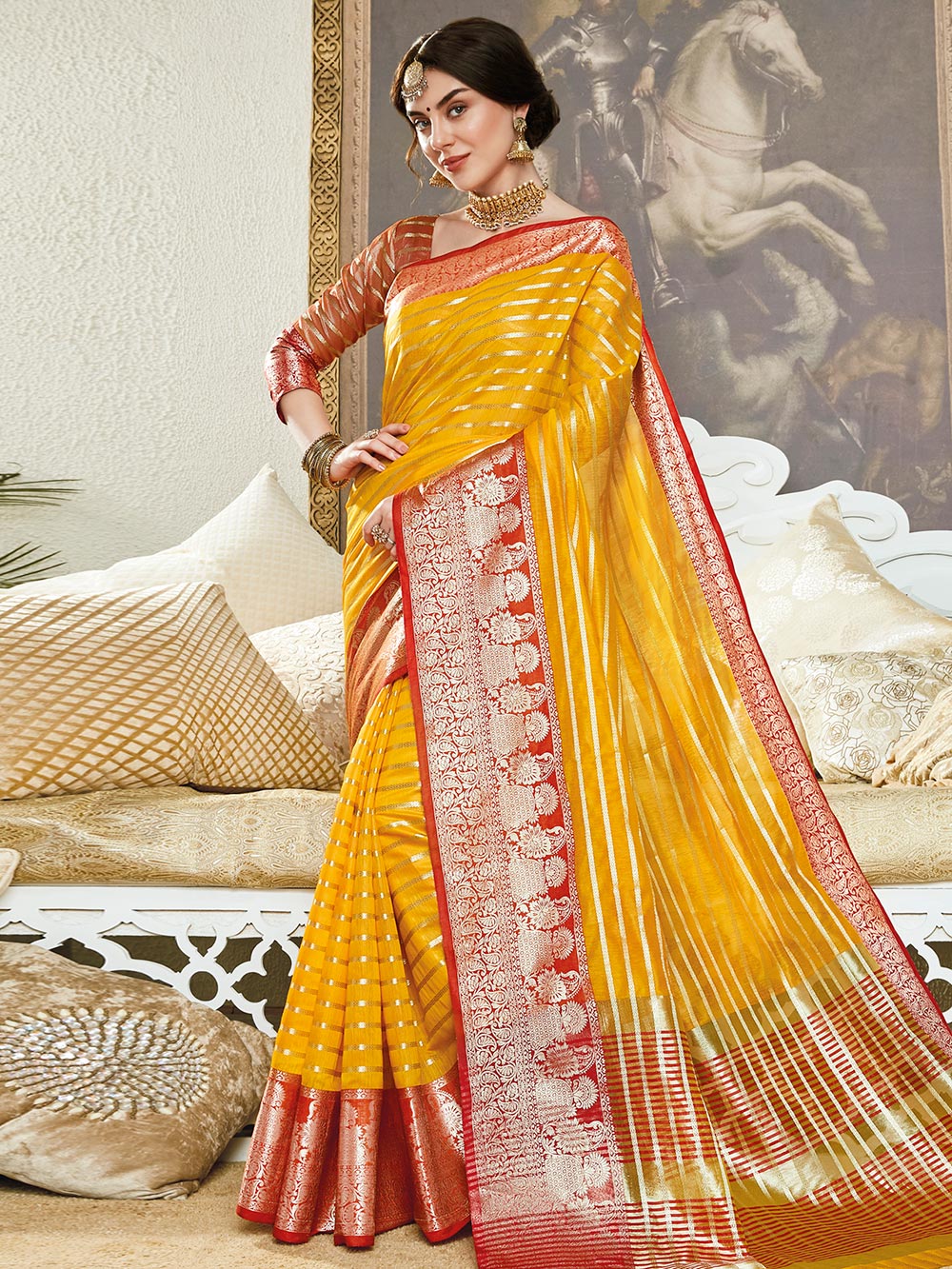 Yellow Striped Banarasi Silk Jacquard Saree