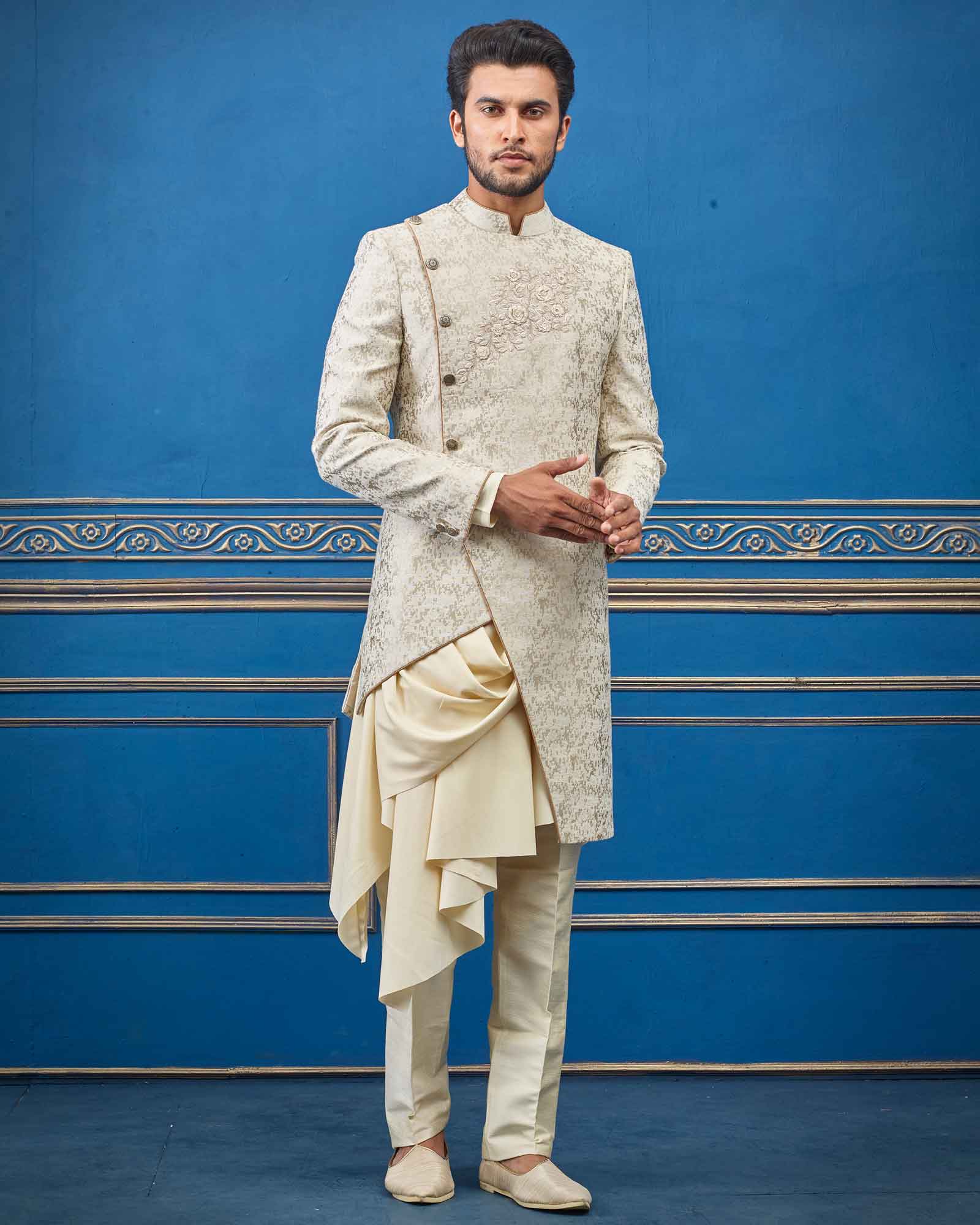 Off White Cawl Kurta Set Embroidered Sherwani - RCI3123