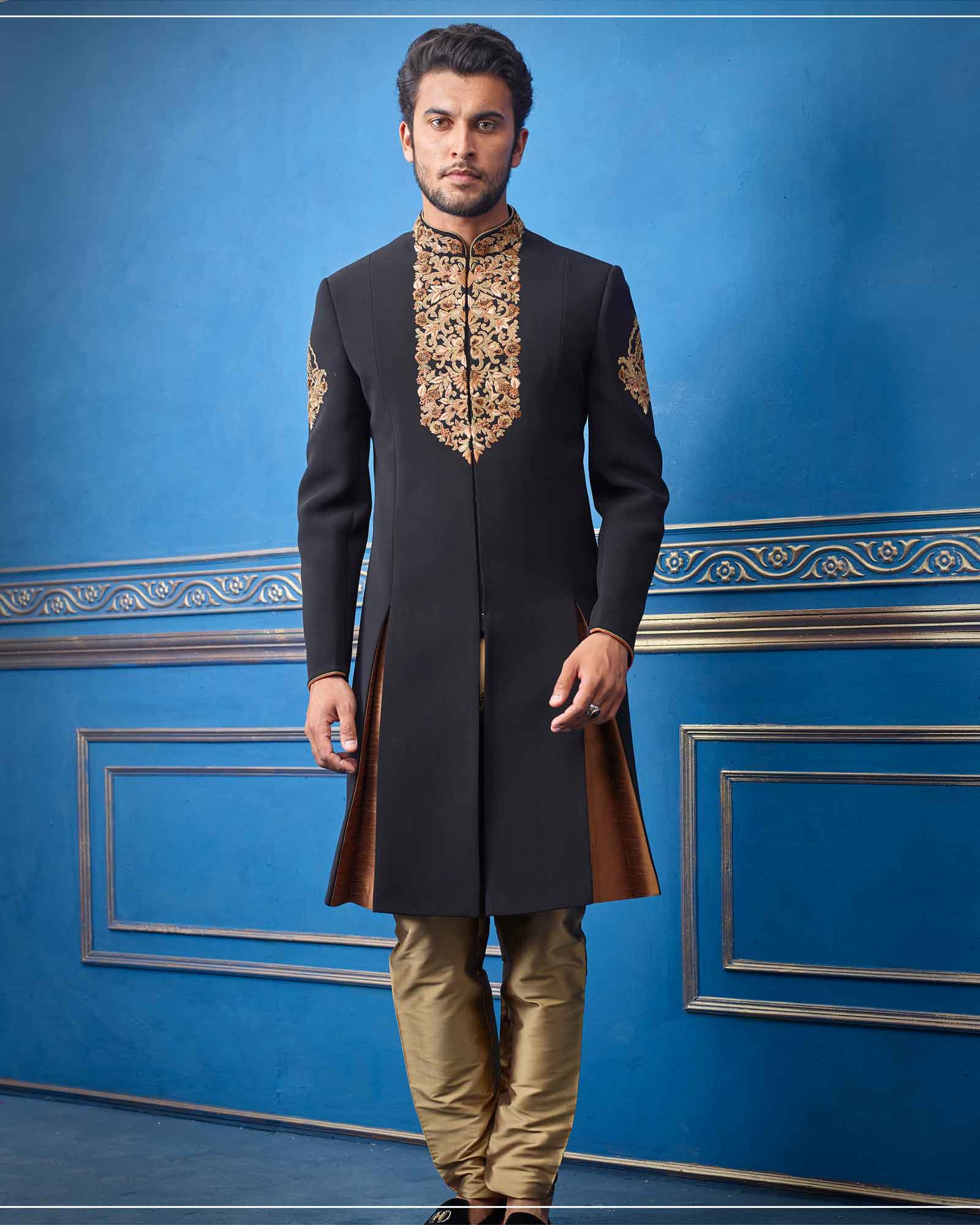 Black Italian Straight Indo Western For Men - RCI3898