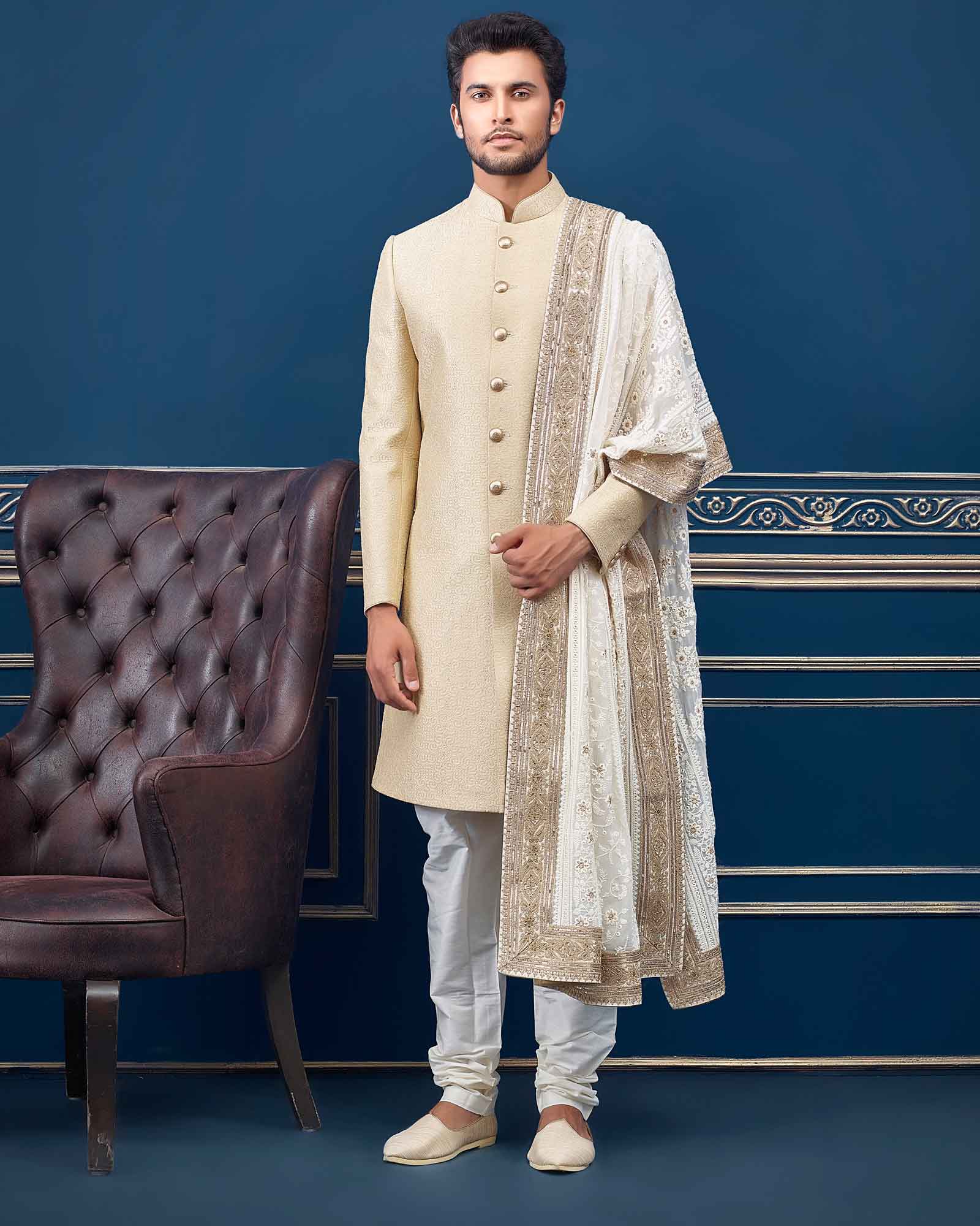 Beige Textured Design Terry Rayon Wedding Indo Western - RCI3998