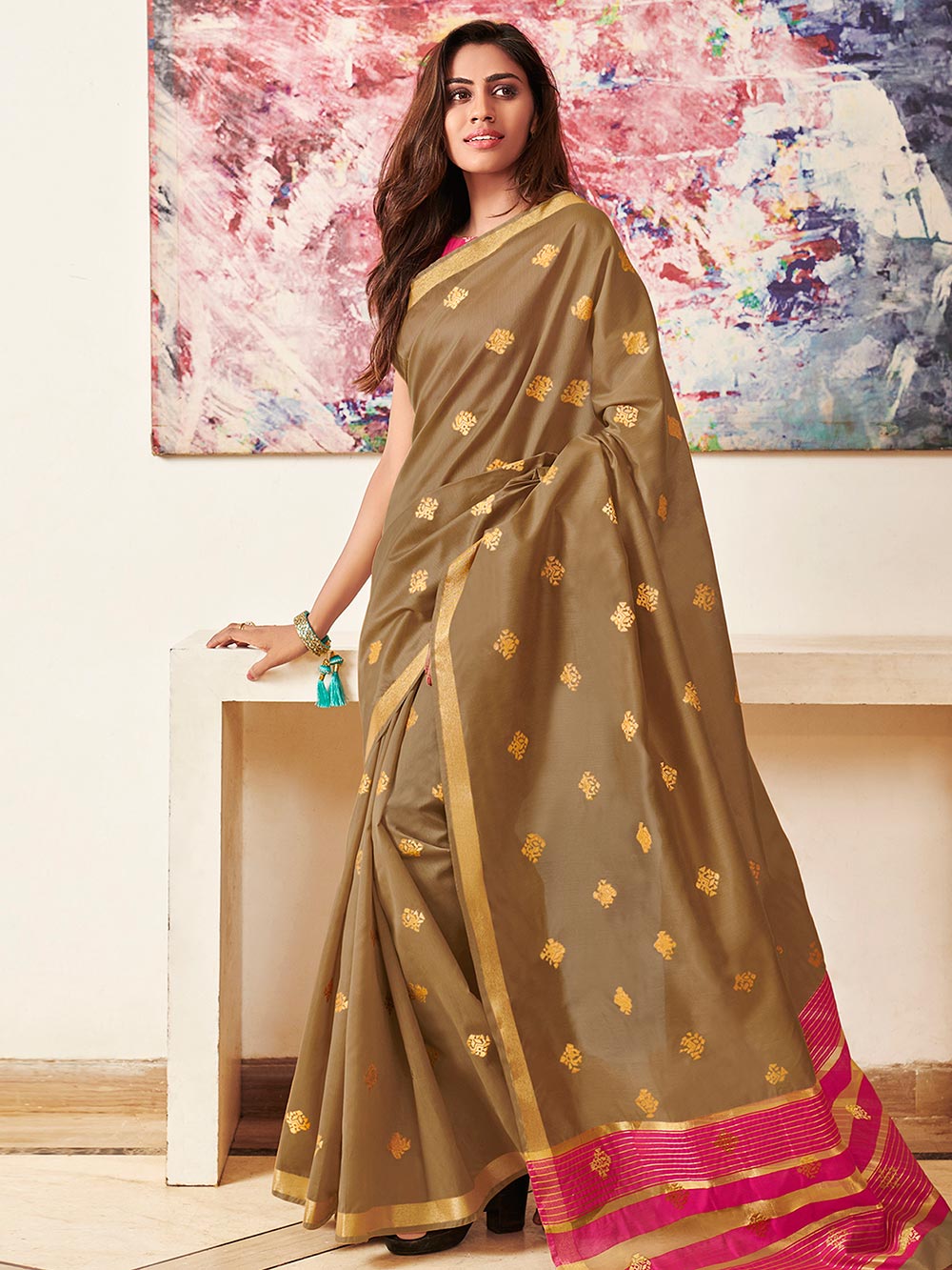 Beige Chanderi Silk Jacquard Saree