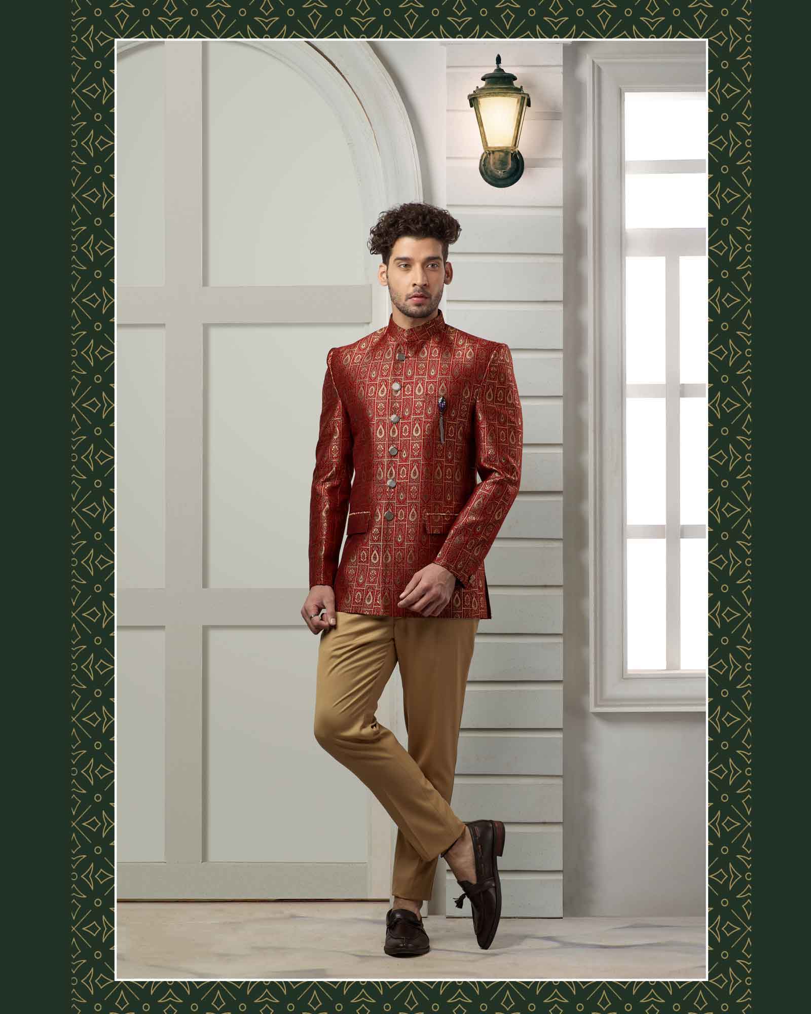 Red Motifs Pattern Silk Jodhpuri Suit - ASP4853/3