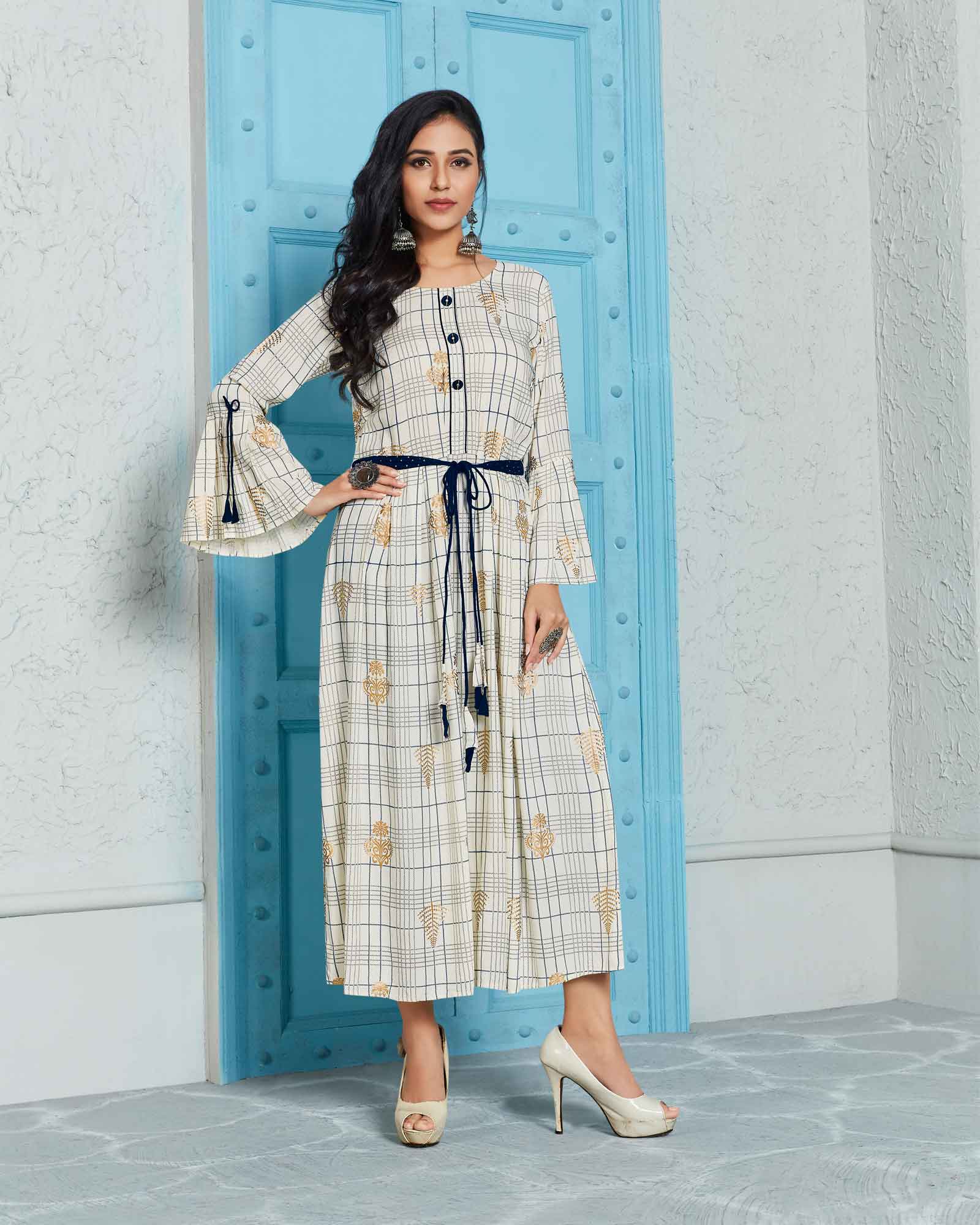 White Floral Printed Checks Kurti