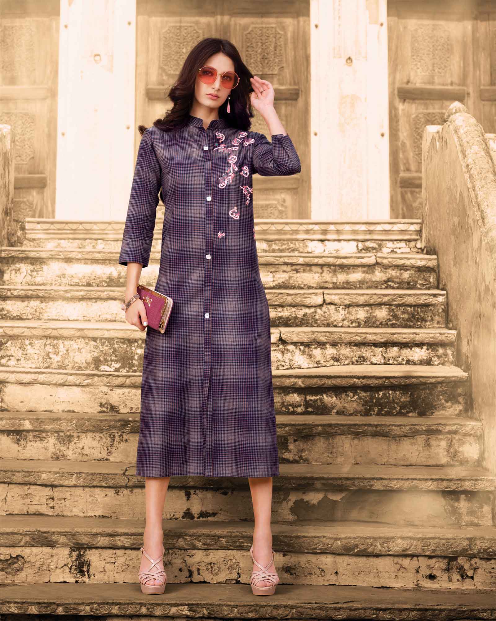 Navy Kurta with Checks