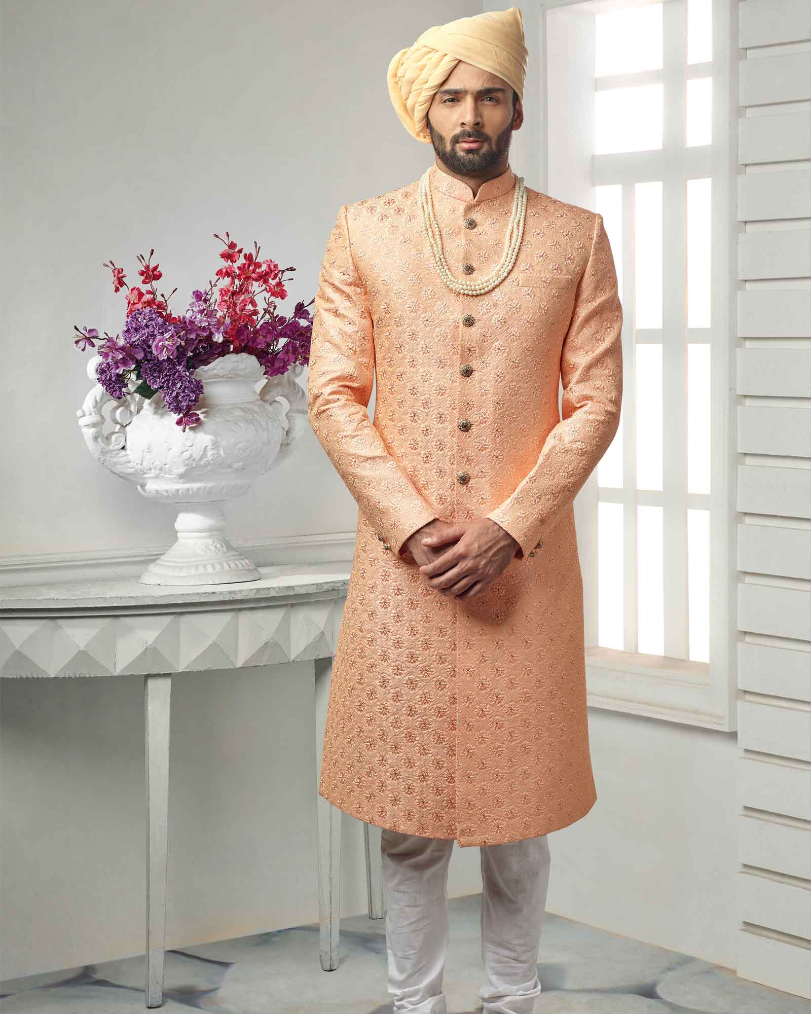 Peach Resham Dori Work Silk Sherwani - ASPI340/2