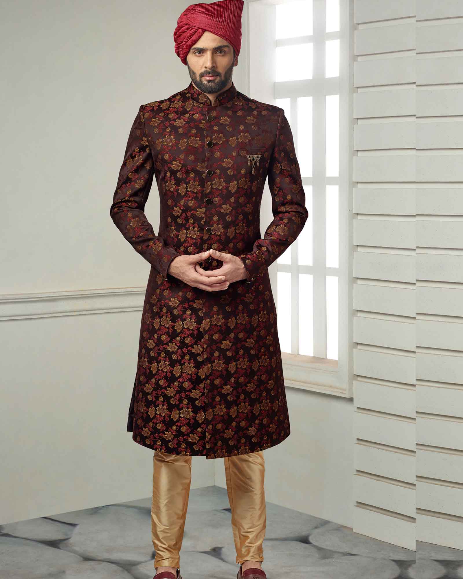Maroon Floral Print Italian Indowestern Set - ASPI9151/2