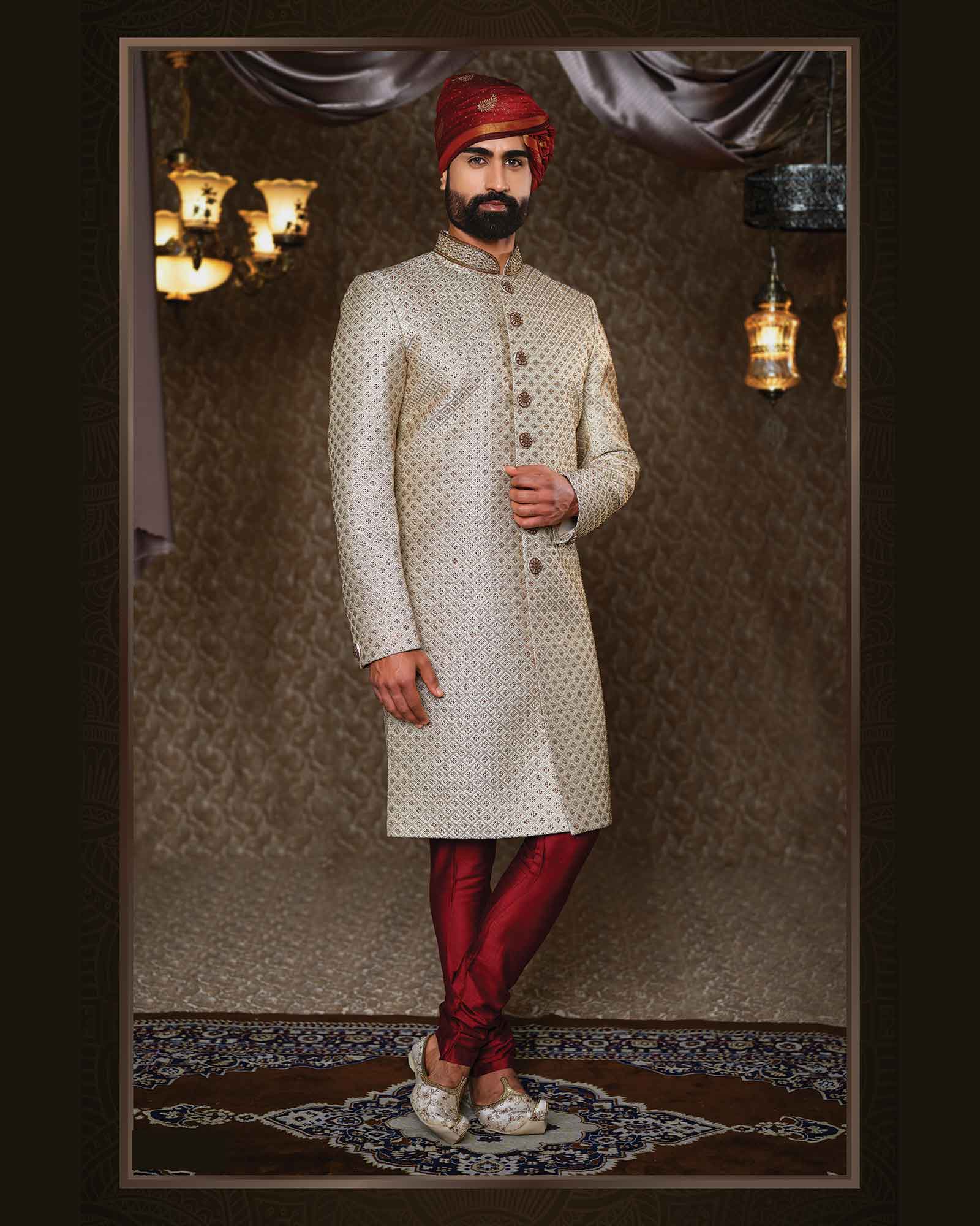 Cream Resham Thread and Sequins work Silk Sherwani - ASPE4200