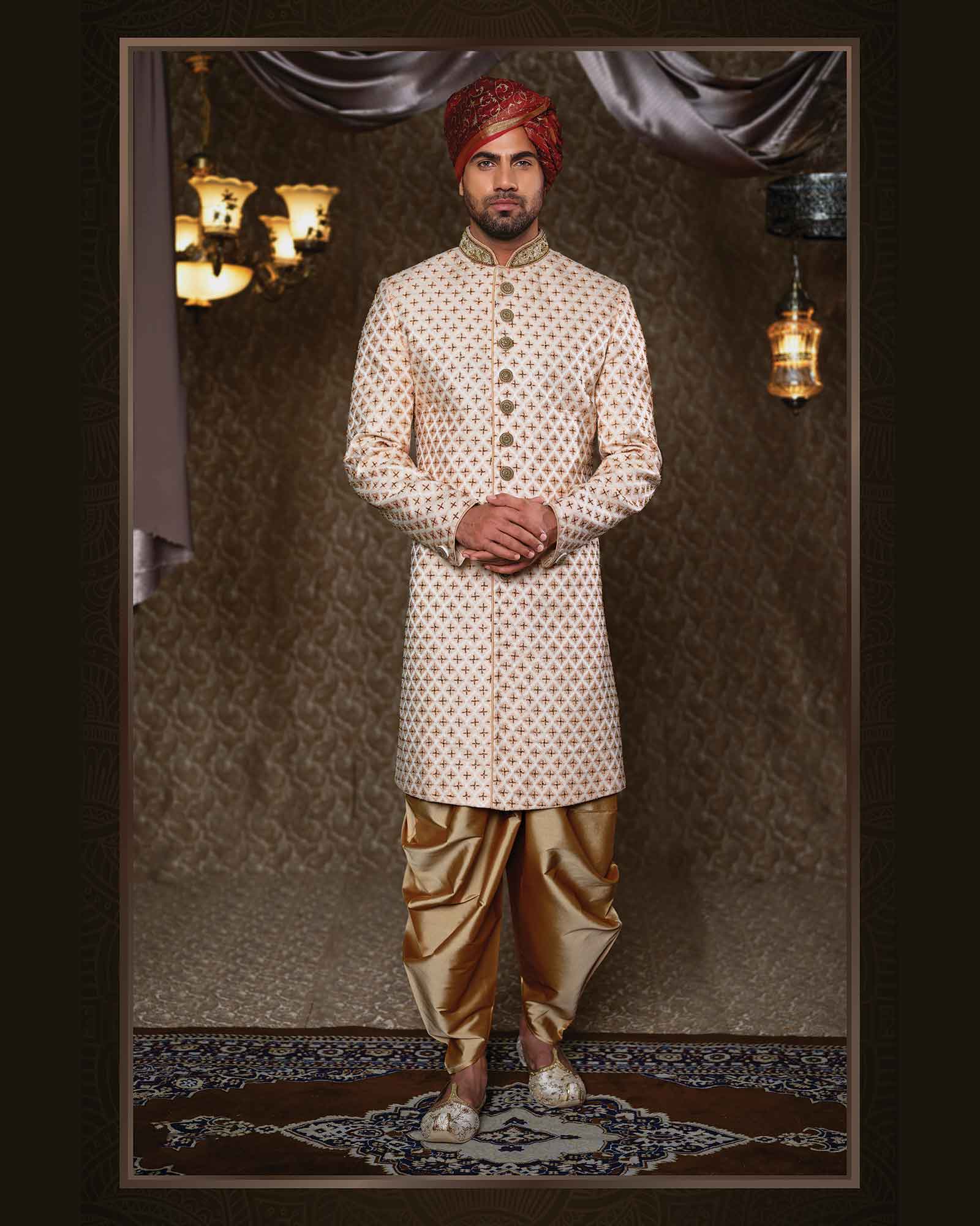 Pastel Cream Bead Work Silk Sherwani for Groom - ASPE4205