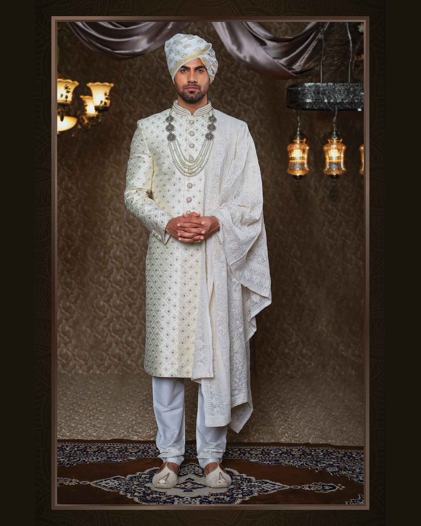 White Thread and Mirror Work Sherwani - ASPEIW-15