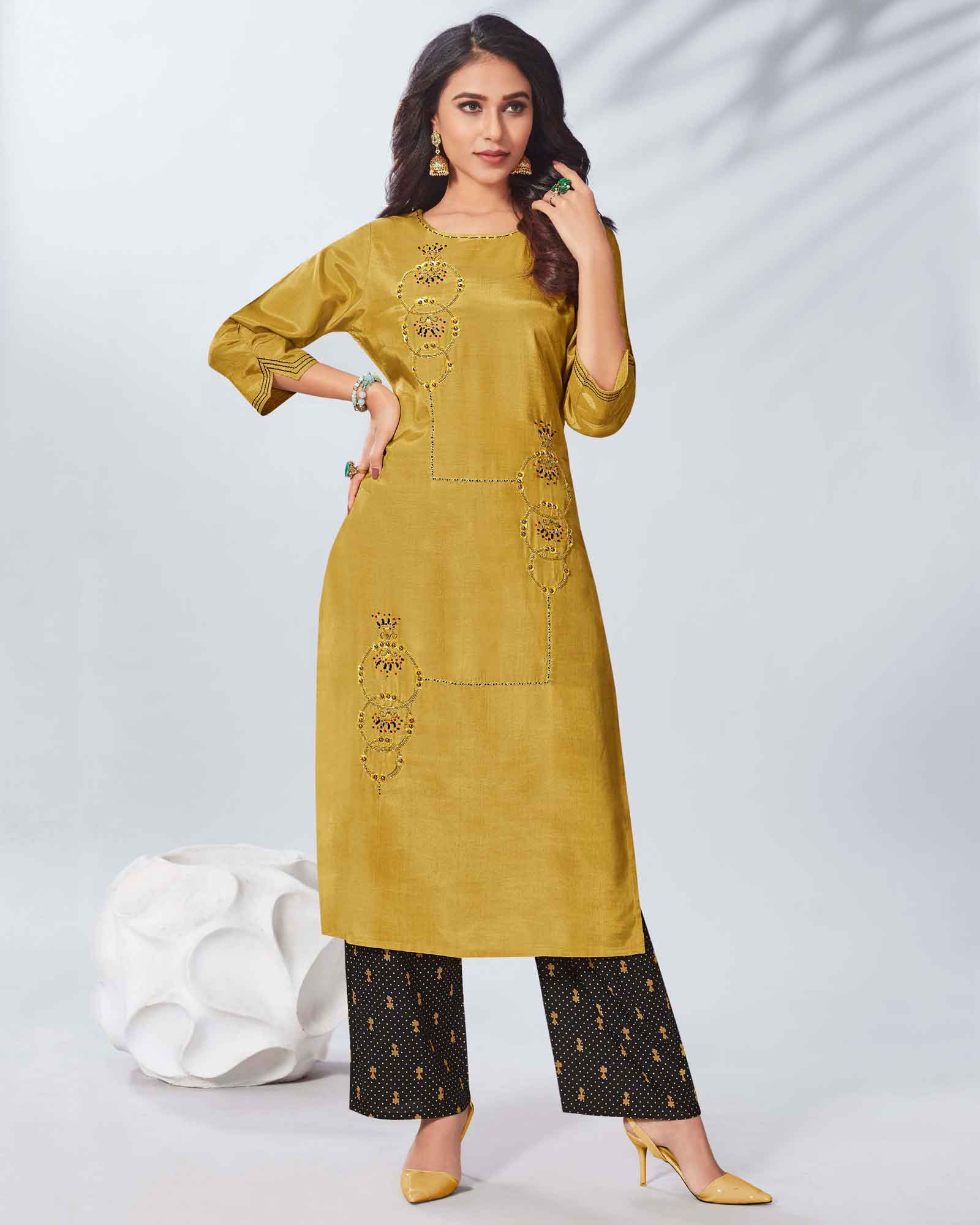 Party Wear Mustard Embroidered Kurta Palazzo Set