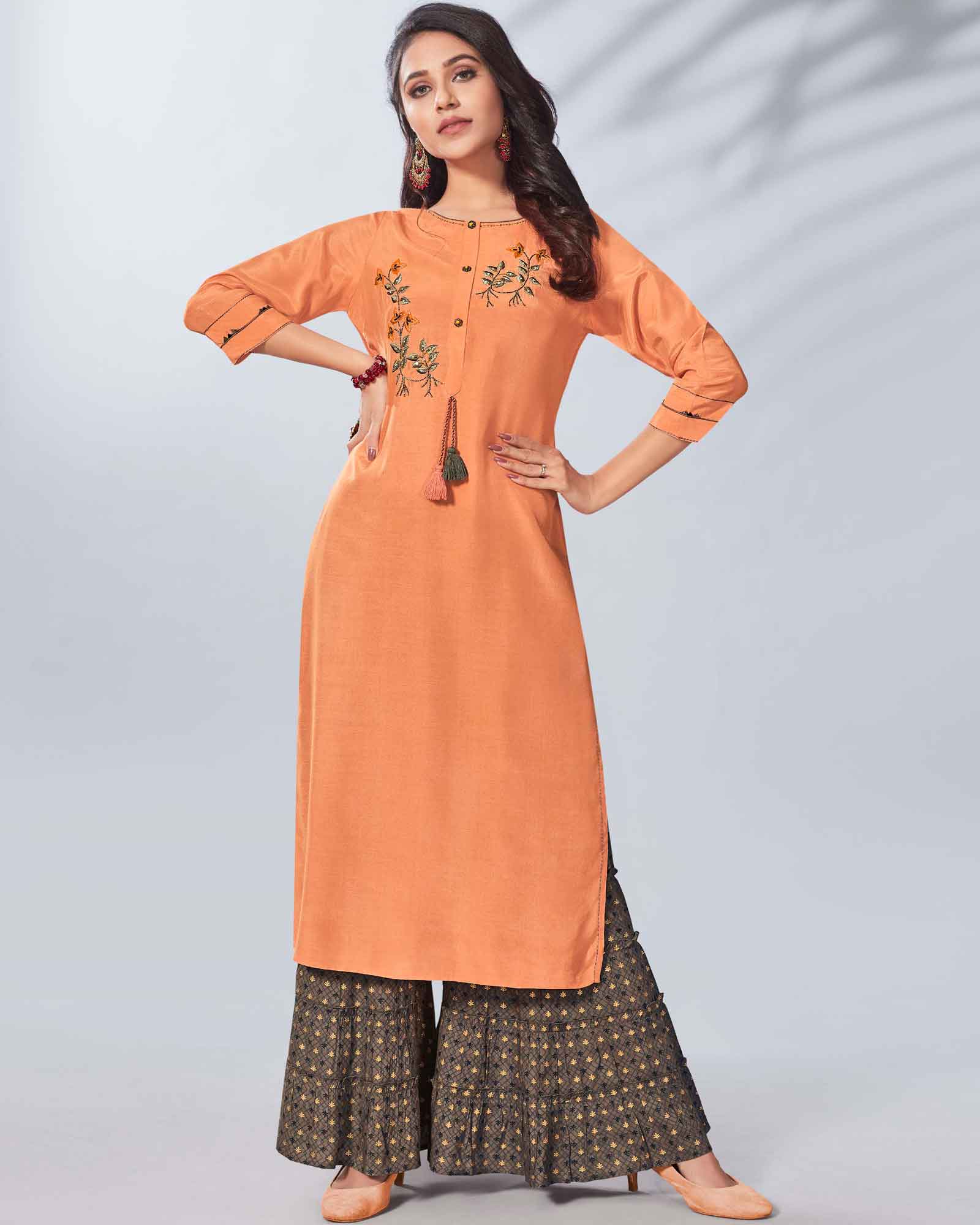 Orange Floral Thread Work Kurta Palazzo Set