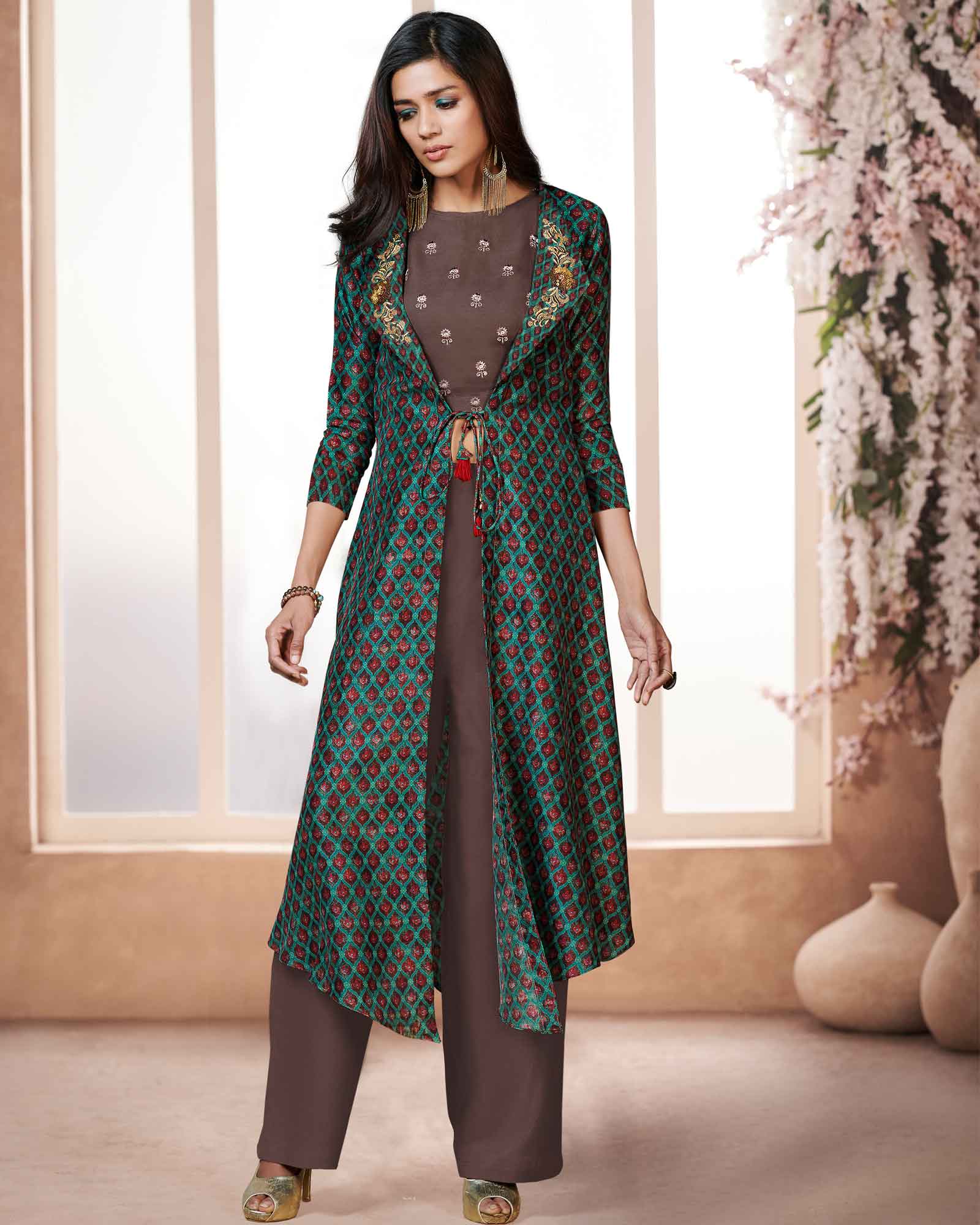 Brown Printed Top And Palazzo With Jacket