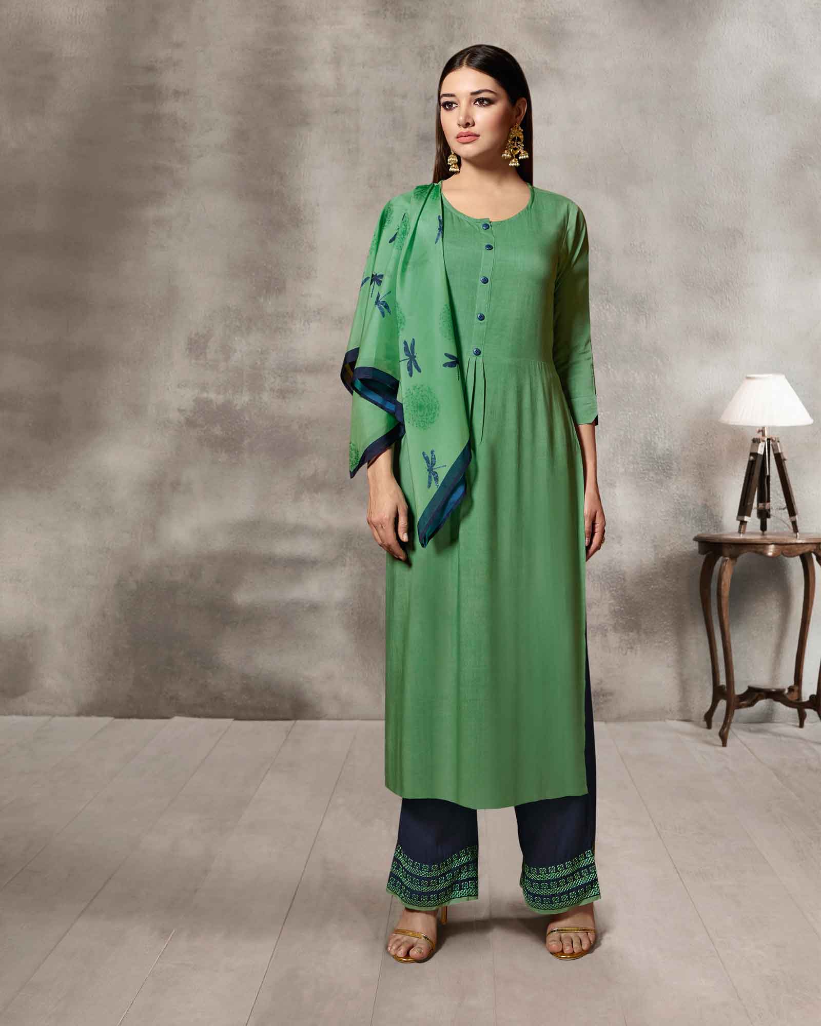 Green Kurta And Palazzo With Dupatta