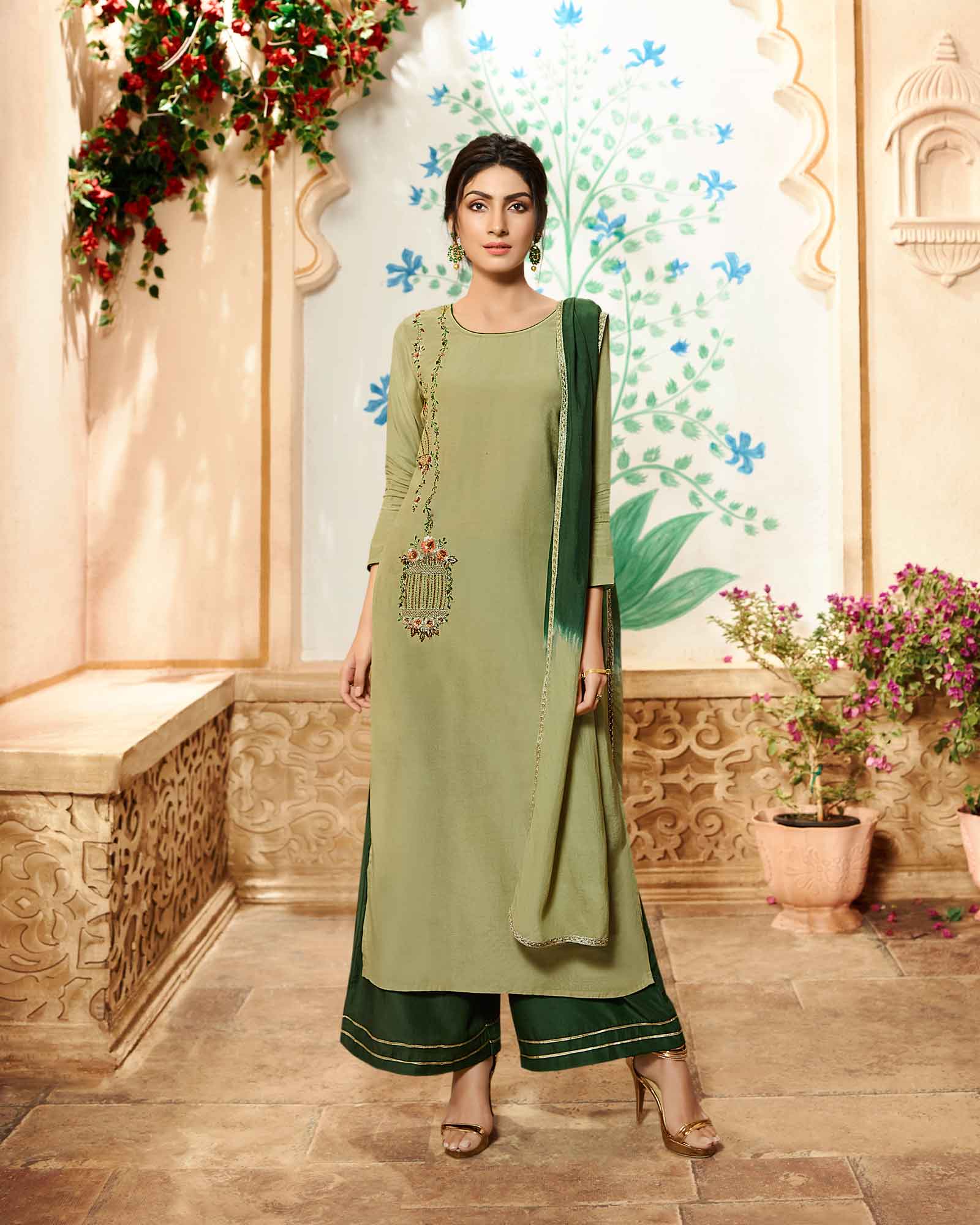 Light Green Kurta And Palazzo With Dupatta